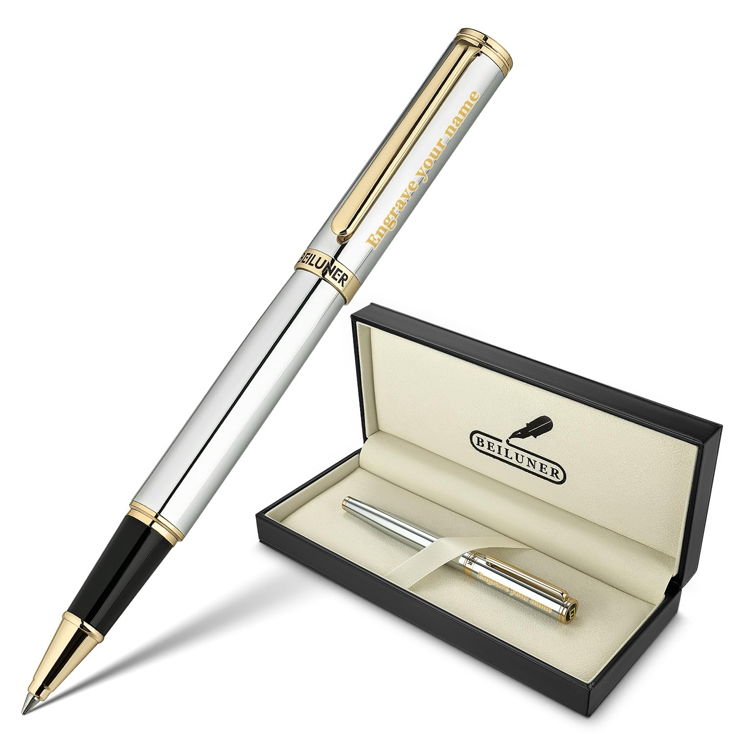 BEILUNER Silver Chrome Personalized Pen, Stunning Luxury with 24K Gold Finish,Noble and Elegant Designs,Schneider Ink Refill, Best Gift Pen for Men &amp; Women, Graduation, Executive Office, Fancy Pens