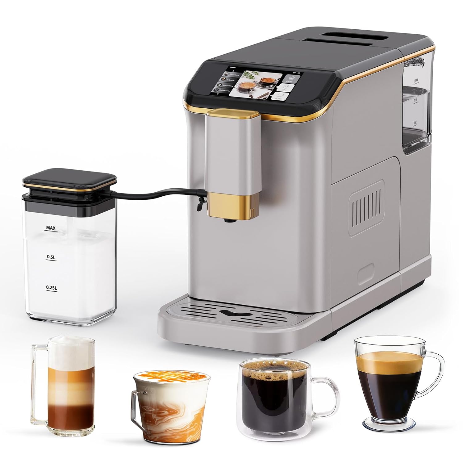 PioneerWorks Full Automatic Espresso Machine with Built-In Grinder Milk Frother - FTF Touchscreen Coffee Maker for Latte Cappuccino