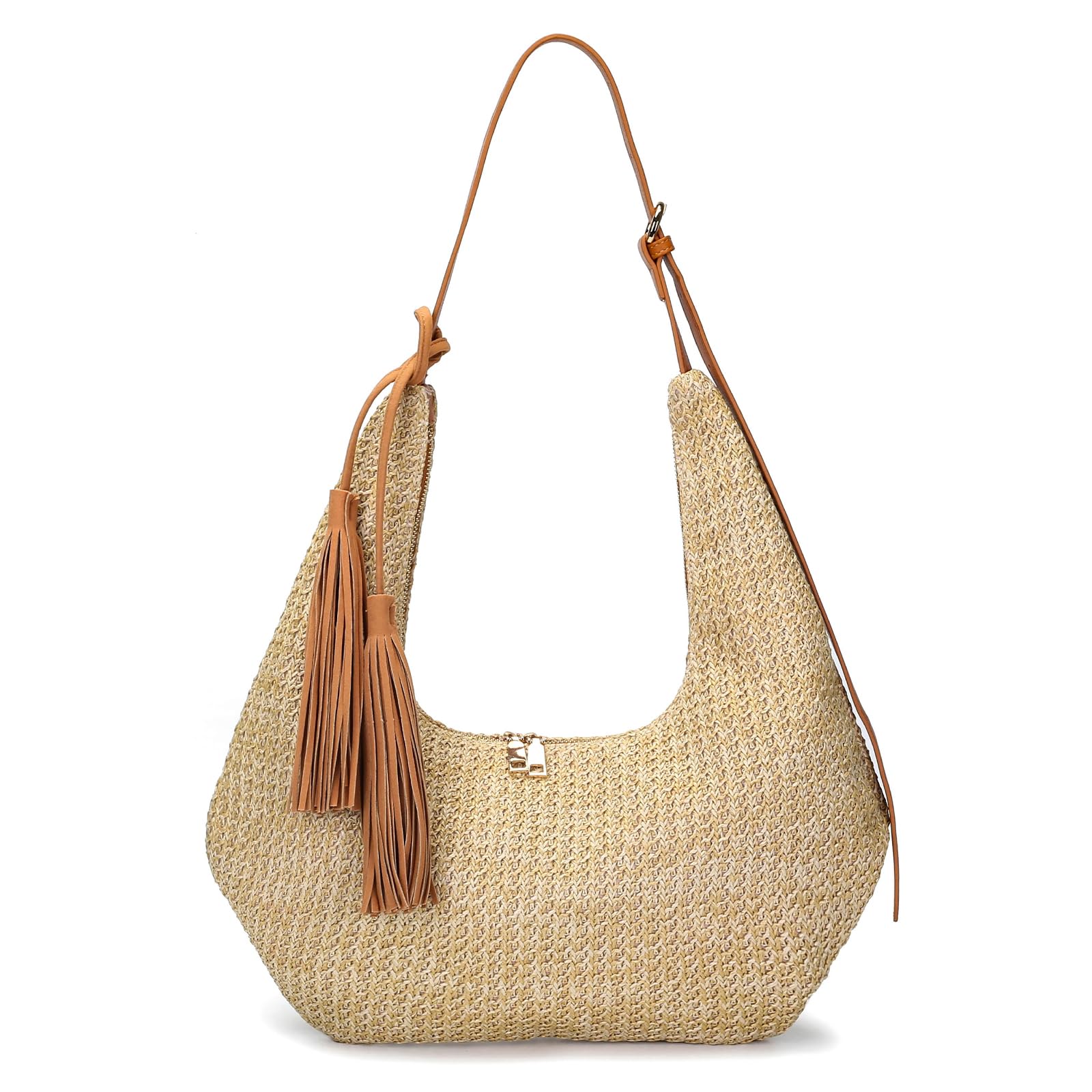 Tassel Straw Hobo Shoulder Bag for Women, Summer Beach Crescent Crossbody Purse Handbag with Adjustable Strap