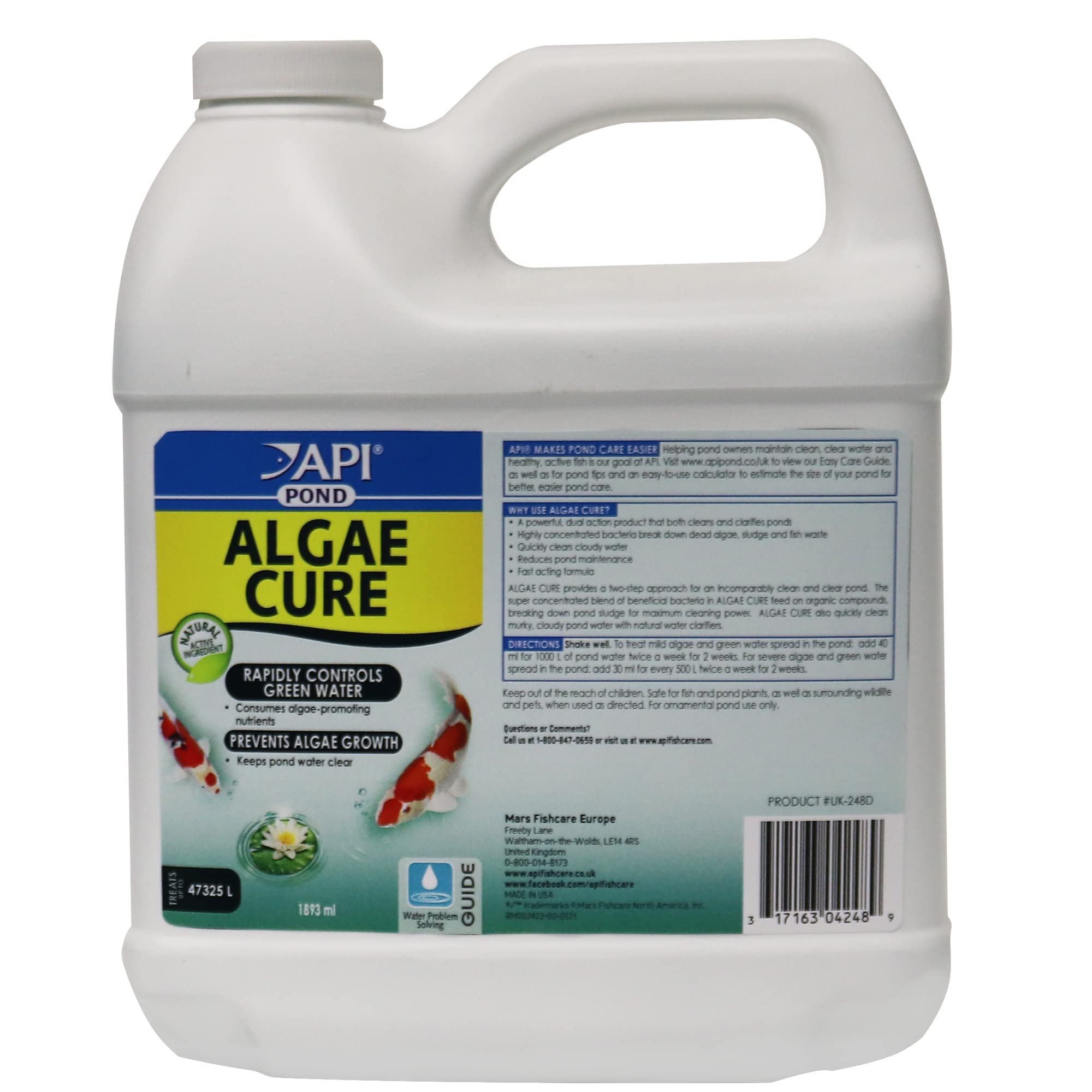 API POND ALGAE CURE Control Solution, Safe For Pets When Used As Directed, 1.9 L Bottle