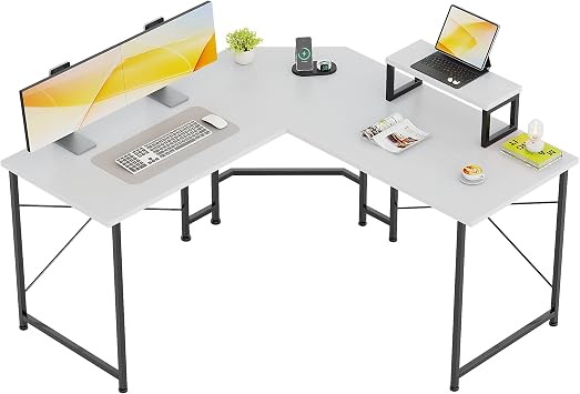 CAIYUN Corner Desk, 50" L Shaped Gaming Desk with Removable Monitor Stand, Computer Desk for Home Office, Metal Frame, White