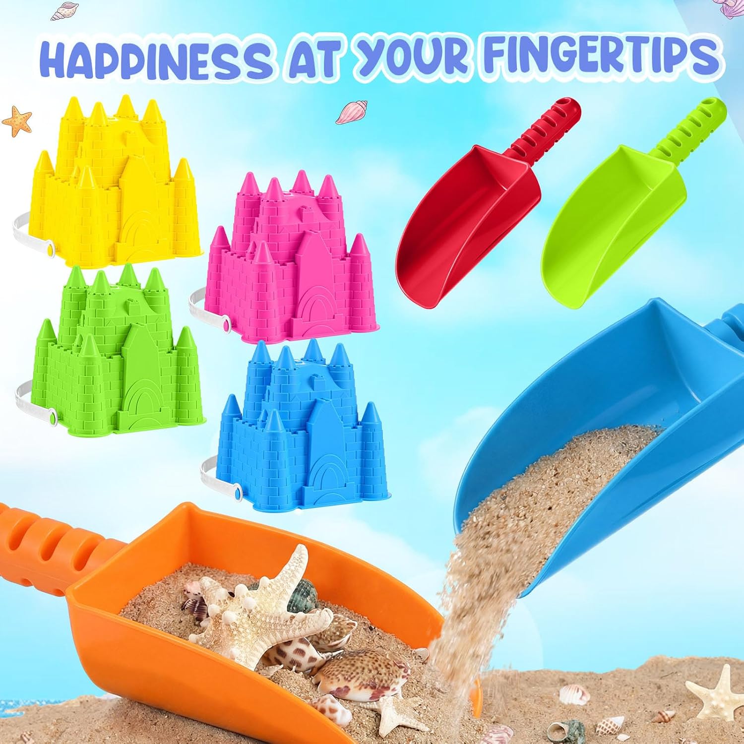 Realspring 4 Pcs Sand Castle Building Kit, 4 Sandbox Castle Molds Beach Buckets and 4 Sand Shovels Tools for Kids Summer Gift Beach Toys Toddlers Sandcastle Building Kit
