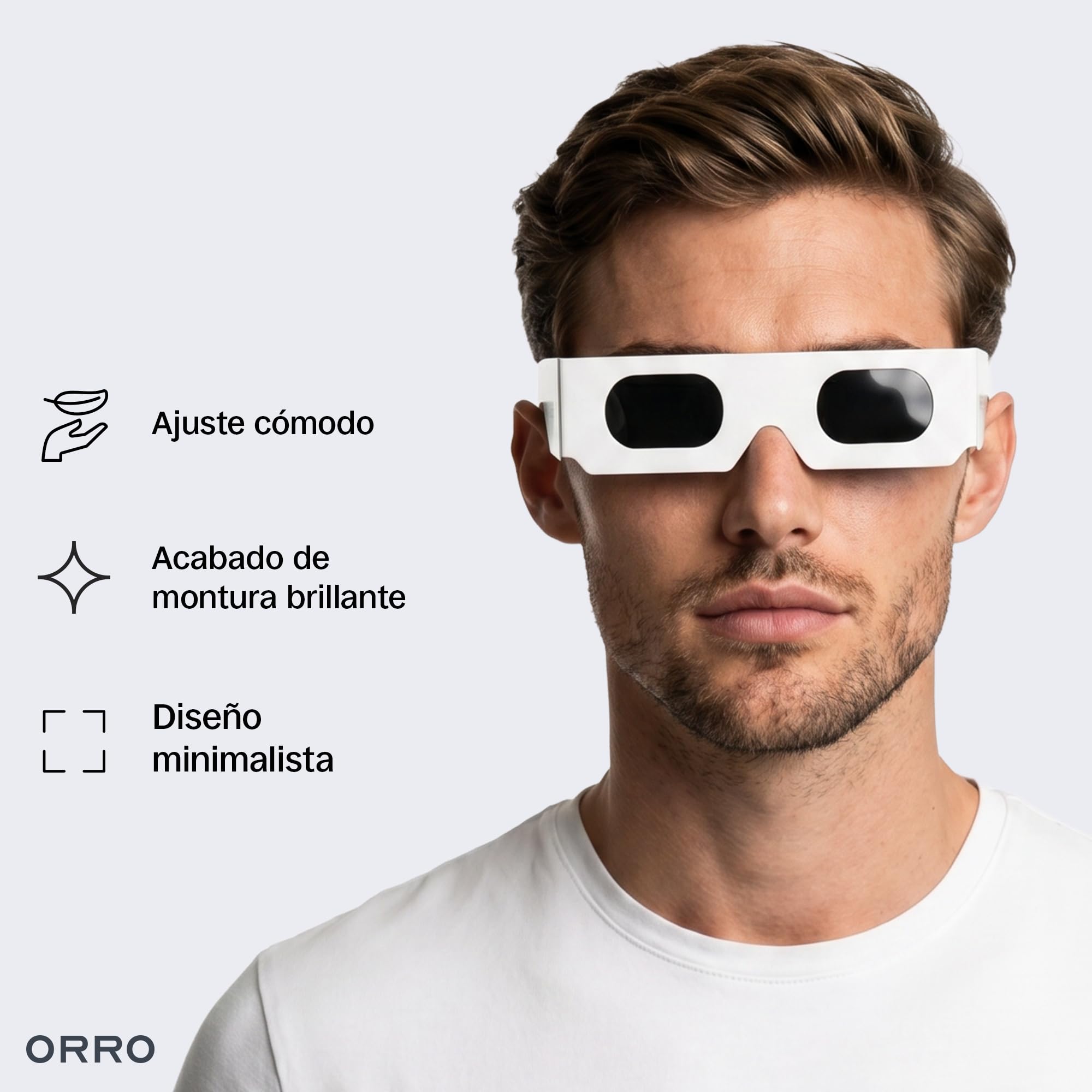 ORRO Gafas para Eclipse Solar de 40 mm, Pack de 2/6/12, Blancas, Protección Ocular Certificada, Ensayadas según EN ISO 12312-2:2015, Marcado CE para Observación Directa del Sol - Ajuste Moderno
