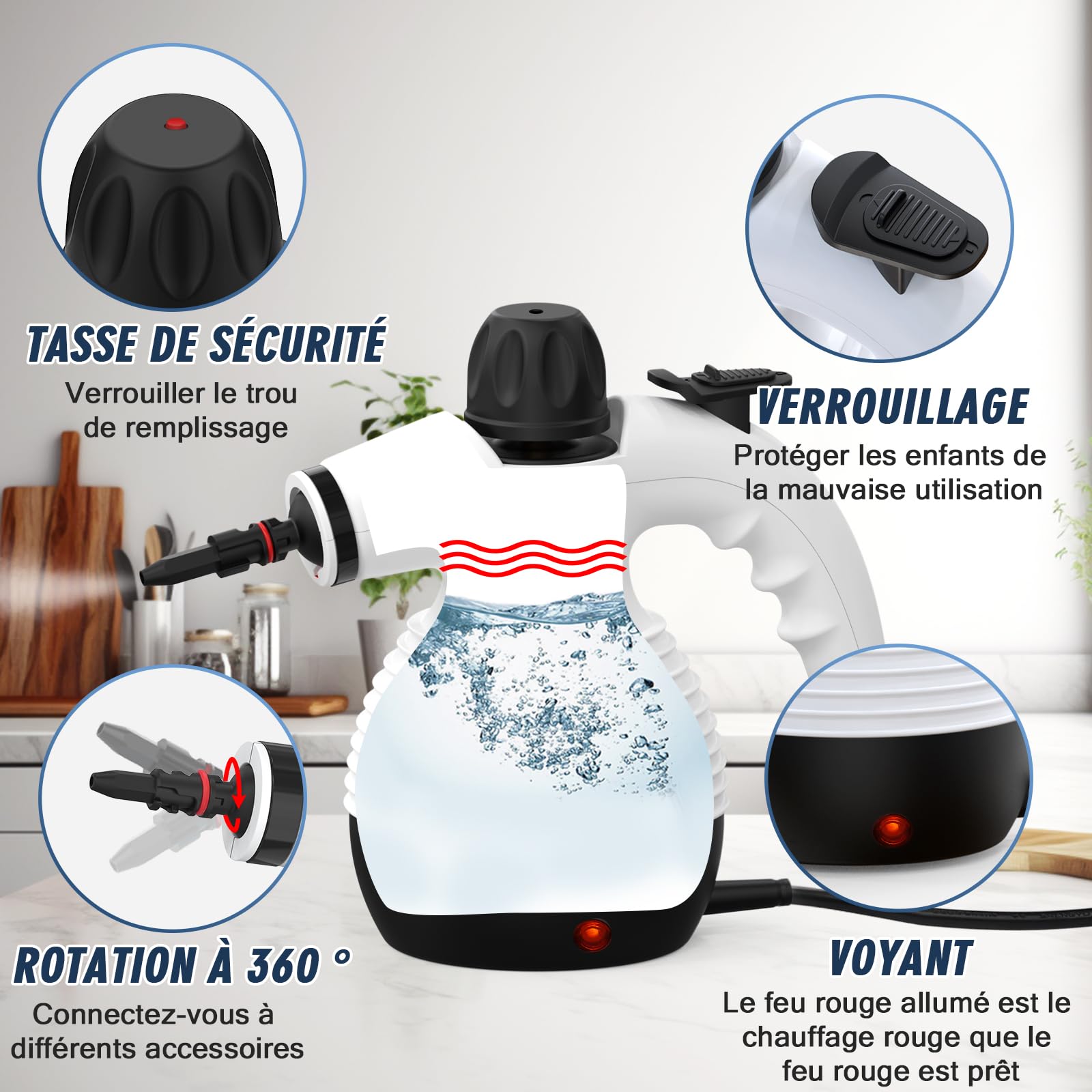 Nettoyeur vapeur pour tout, portable multi-usages avec 10 accessoires pour tapis, rideaux, canapés, cuisines et salles de bains. (Blanc Clair.)