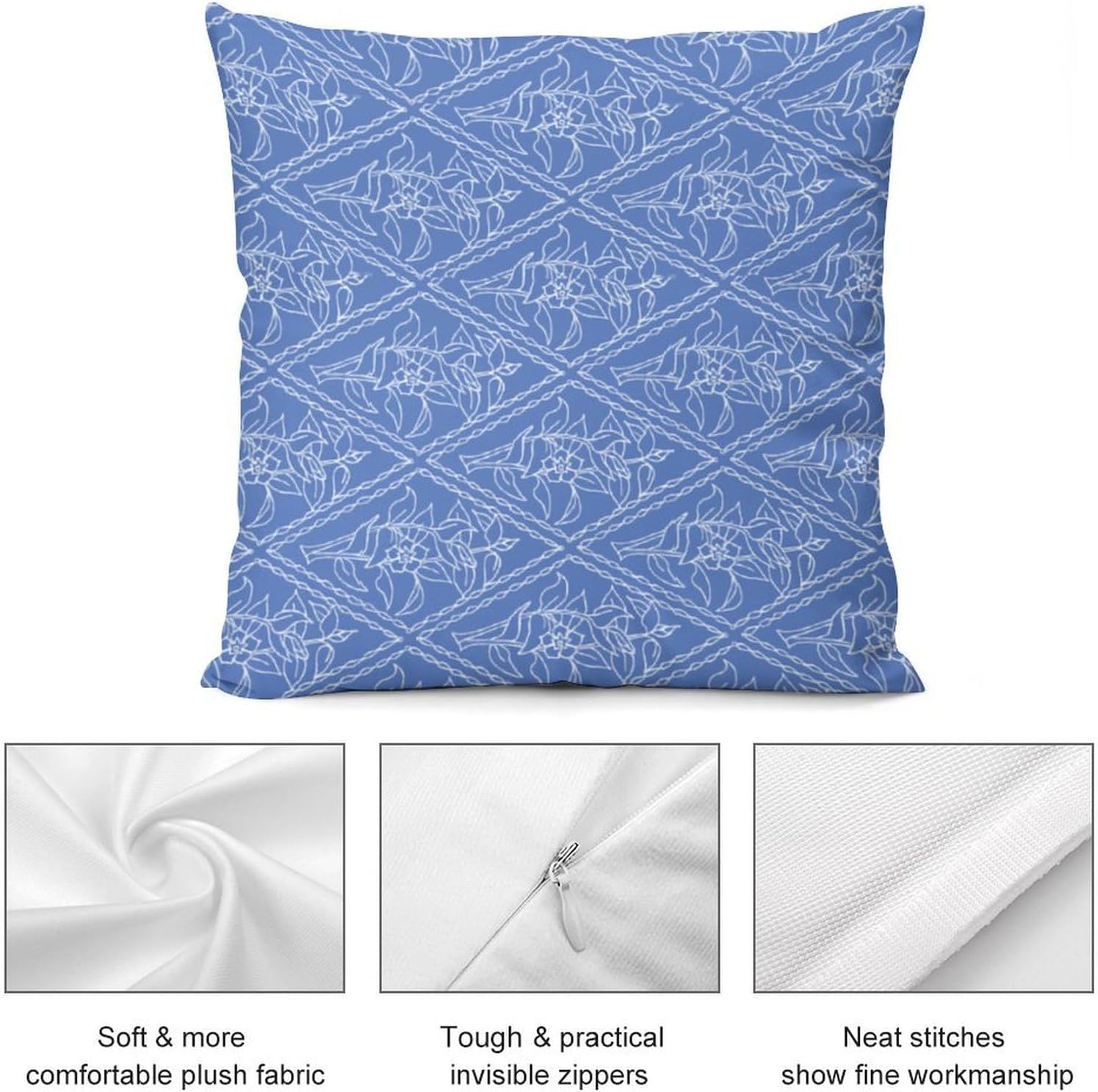 Chic Periwinkle Blue Floral Diamond Pattern Super Soft, Smooth and Comfortable Pillow Cover, Four Pillowcases 26 "x26