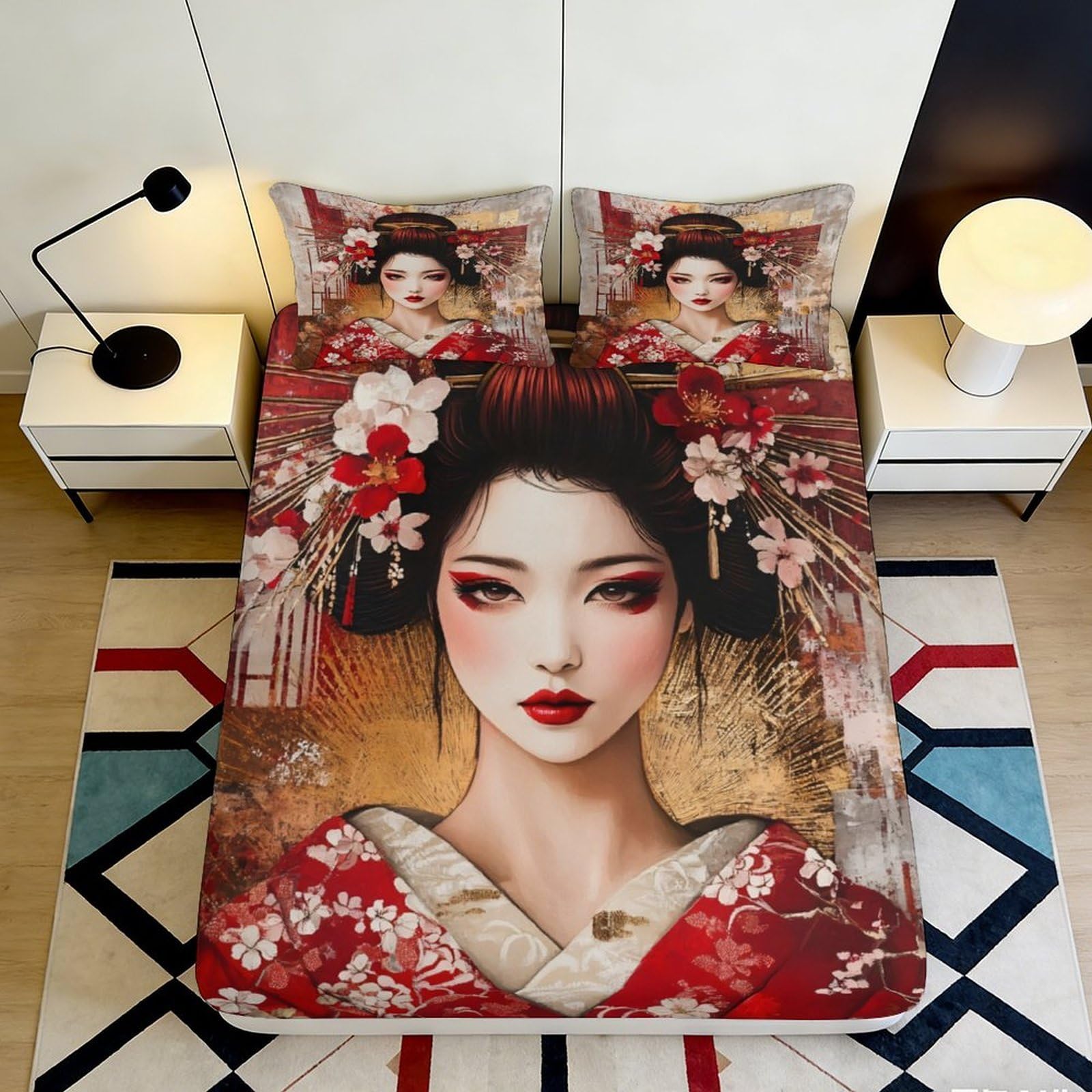 3D Printed Oriental Geisha Fitted Sheet Microfiber Soft Red Kimono Art Mattress Cover Decor for Bedroom Guest Room 90x200x25cm
