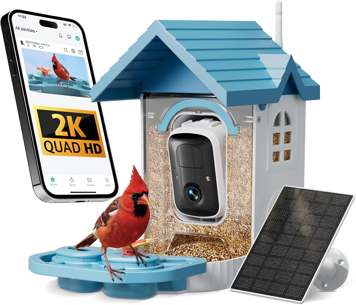 Smart Bird Feeder with Camera, 2K HD Solar Powered Birdhouse with Cam for Outdoors, AI Identify Birds Species, Auto Capture & Real-time Notifications (Blue)