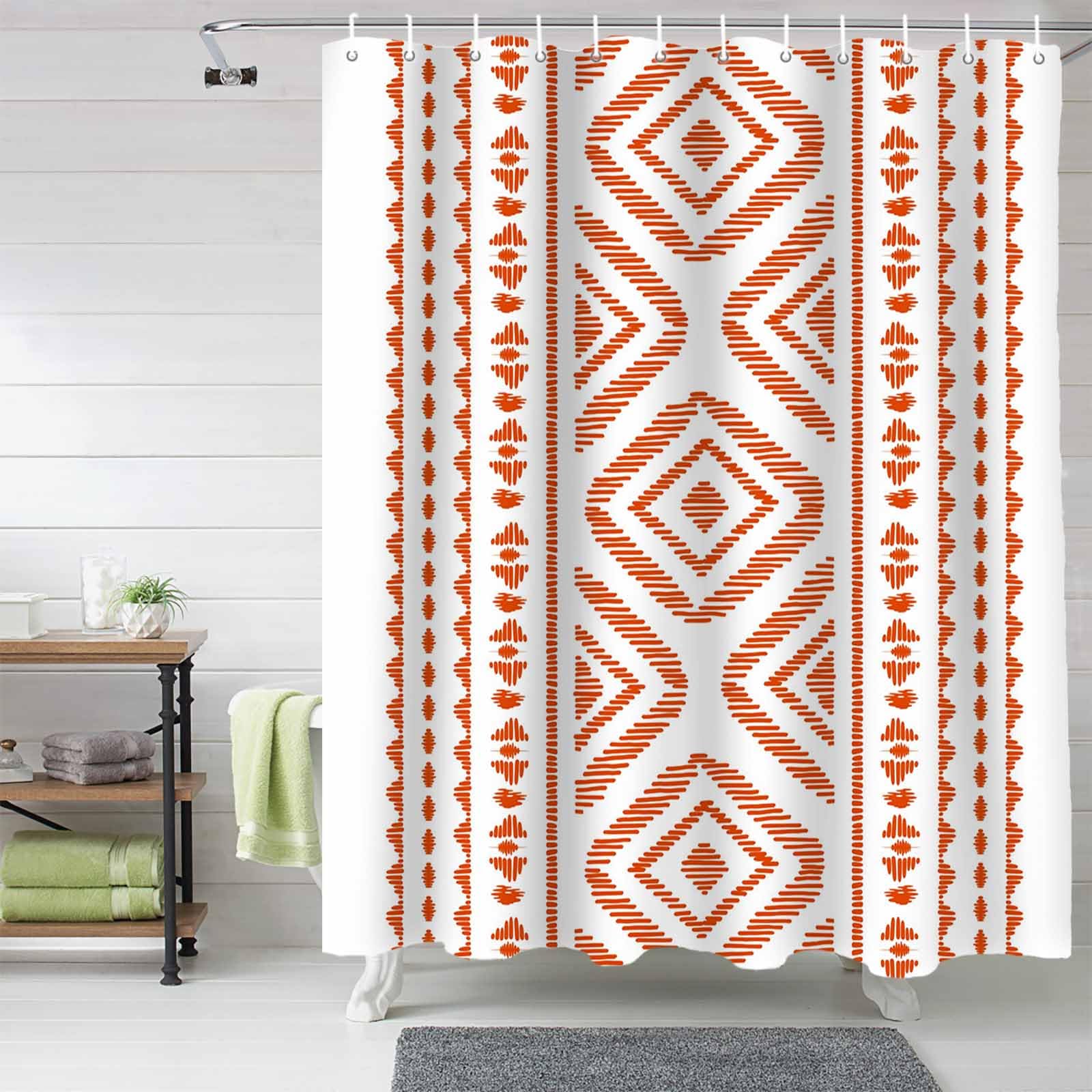 Anzona Boho Orange Waterproof Shower Curtains Set - Extra Long 72 x 84 Inch, Farmhouse Retro Geometric Stripes Polyester Fabric Bathroom Curtain with