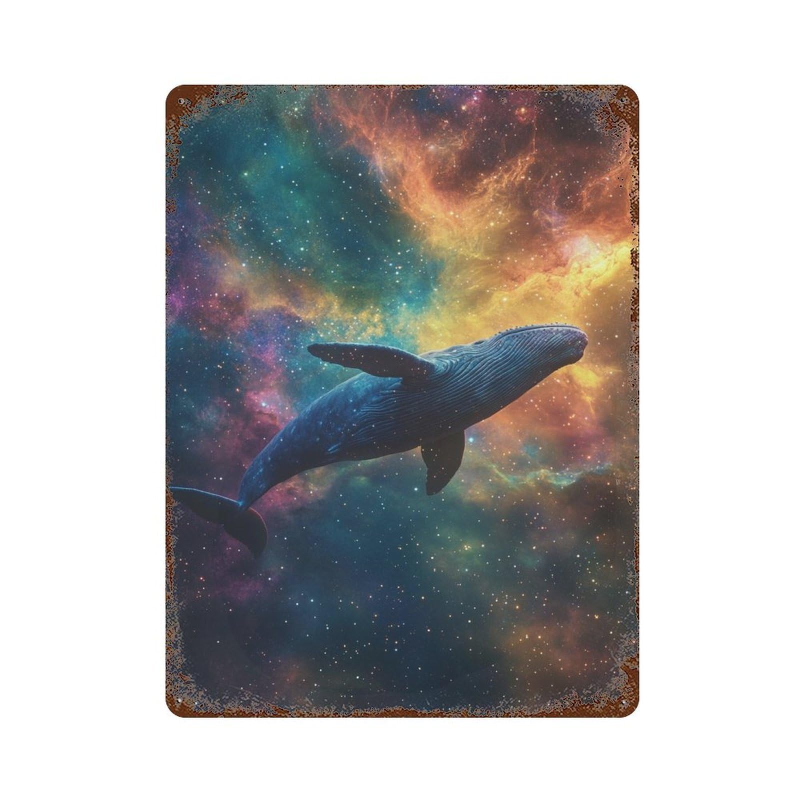 Whale in Space Wallpaper-5 Distressed Metal Wall Sign 15.7"x11.8", Shabby Chic Decor for Garage, Pub Or Kitchen