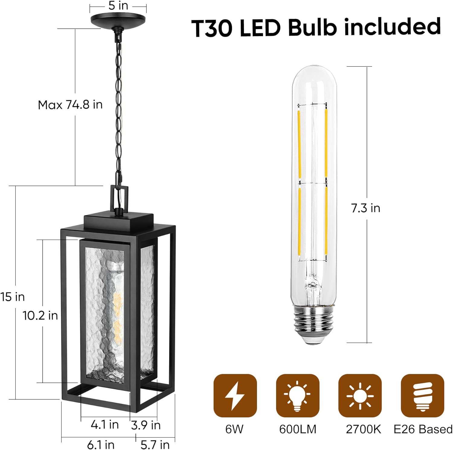 15" Outdoor Pendant Light, Modern Outside Hanging Porch Light, Black Outdoor Chandelier with Water-Ripple Glass, Metal Double Frame Exterior Hanging Lantern Ceiling Mount for Porch (Bulb Included)
