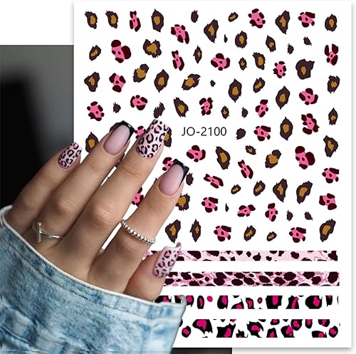 Miniatura 3 de 6 hojas de calcomanías de arte de uñas con estampado de leopardo 3D autoadhesivas, calcomanías de uñas francesas de leopardo, diseño colorido de