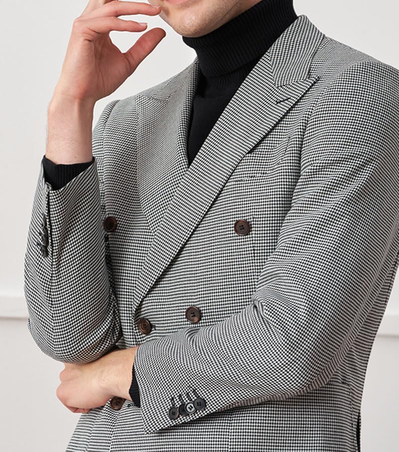 Men's Double Breasted Suits Jackets Houndstooth Sport Coat for Wedding Business Plaid Blazers4