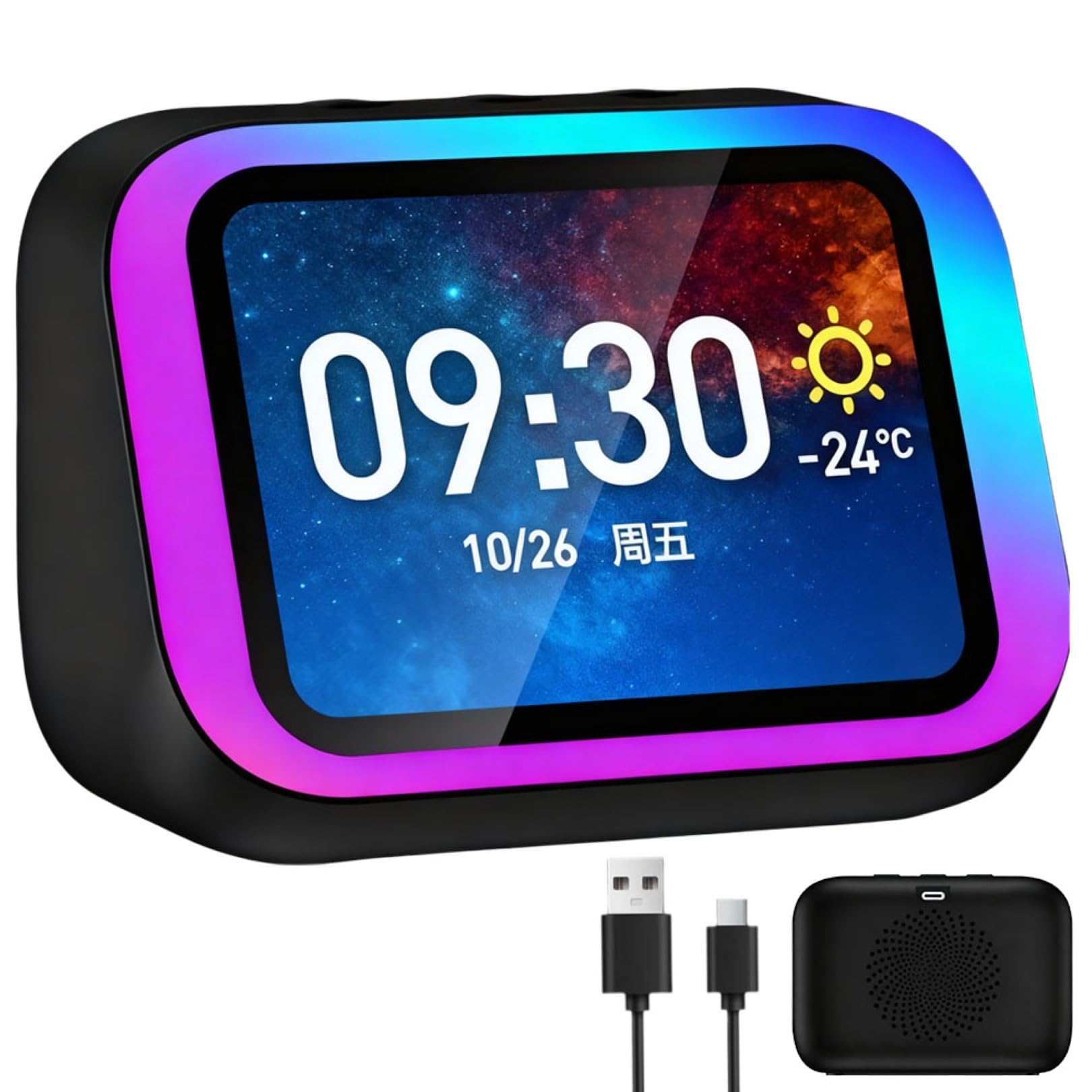 Réveil Intelligent AI avec Haut-Parleur Bluetooth 5.4, Lumières Rvb, Affichage de L'heure Et de la Météo, Horloge Digitale de Chevet, Appels Mains Libres pour Chambre Et Salon Black
