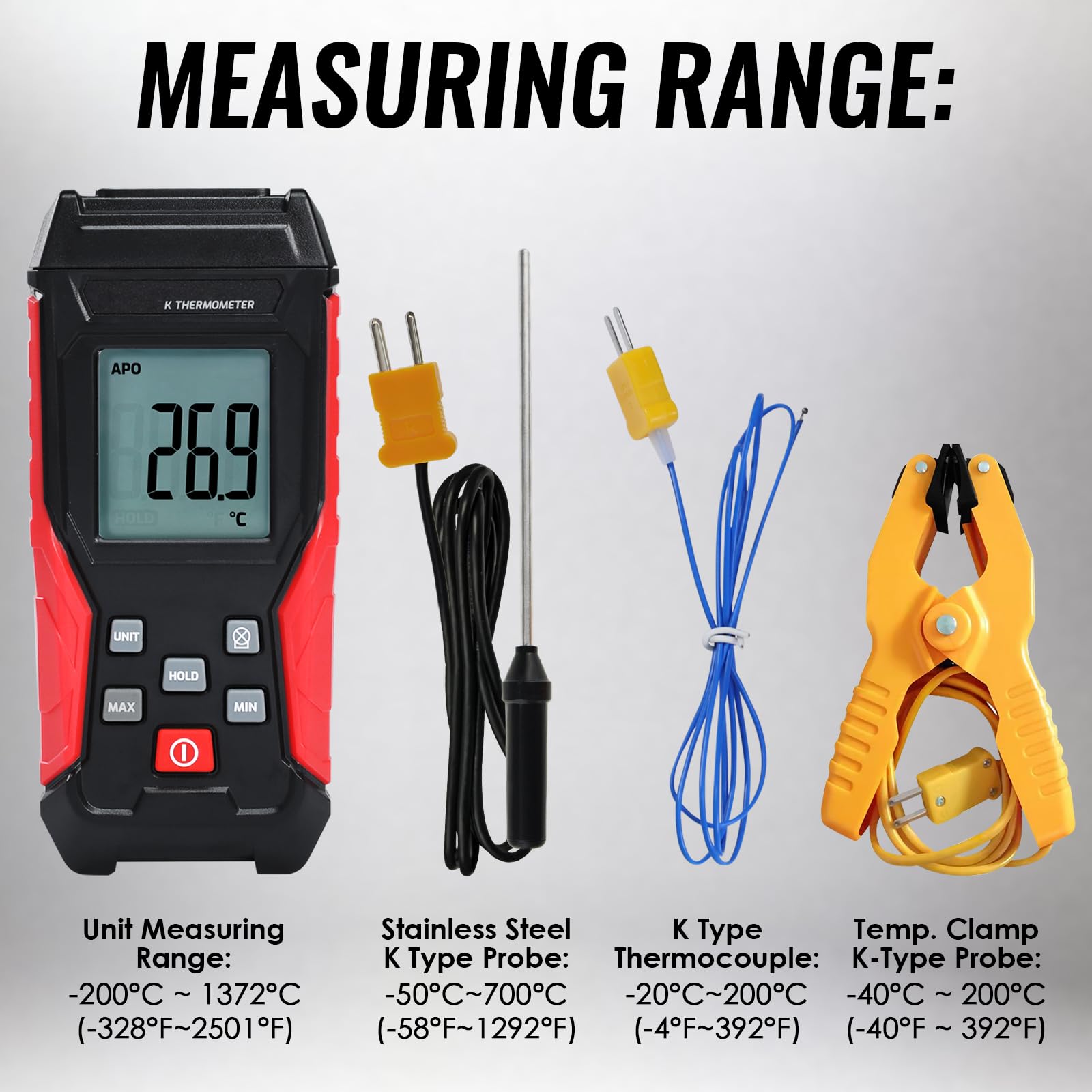 Termometro digitale tipo K 2 sonde termocoppia 2 pinze temperatura industriale monocanale -328°F a 2500°F display LCD retroilluminato Max/Min mantenimento dati