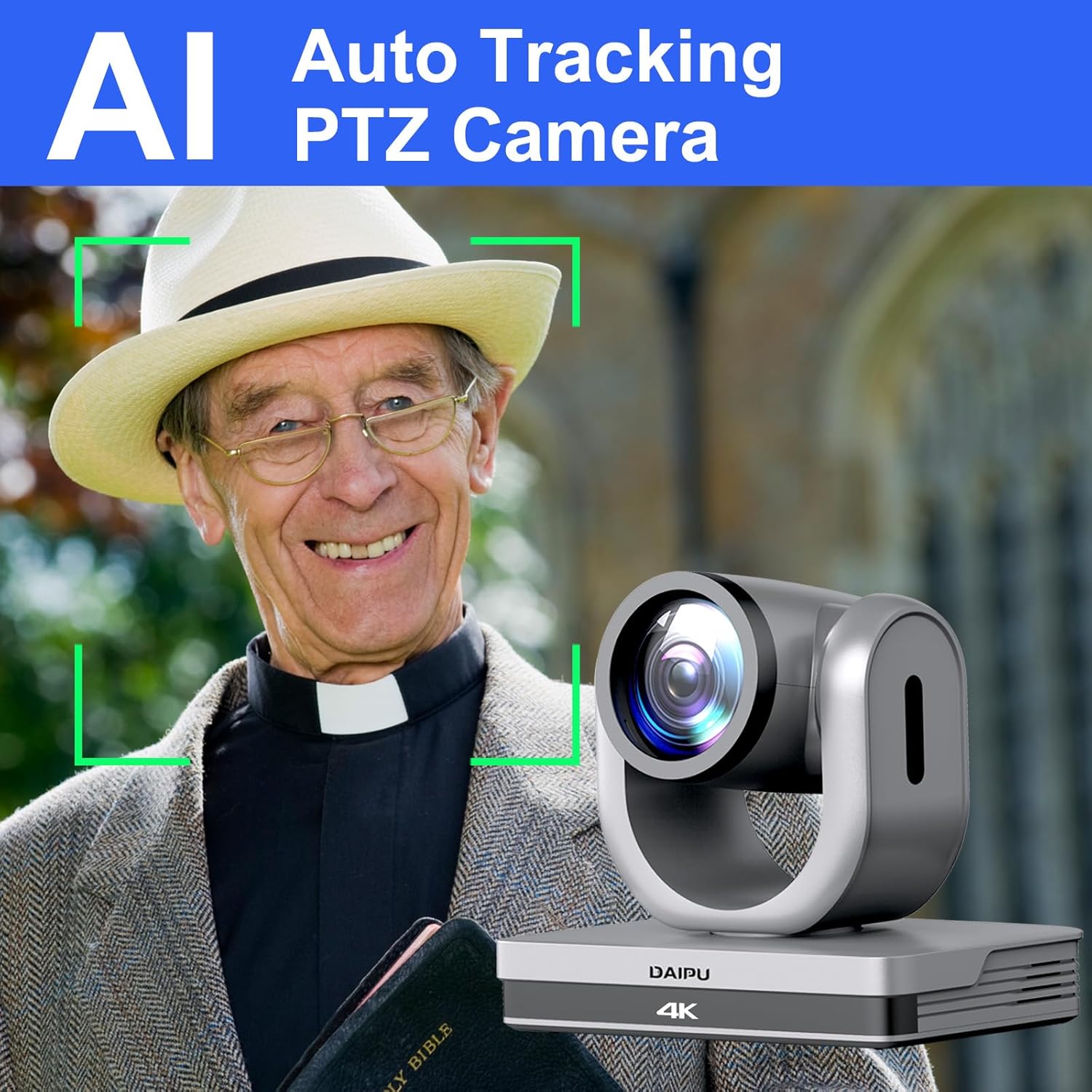 PTZ Camera 4K 12X Optical Zoom Conference Room Camera HDMI USB3.0 LAN PoE AI Auto Tracking 1/2.8" 8.29MP CMOS Sensor 255 Presets for Church Worship Live Streaming Business Video Conference