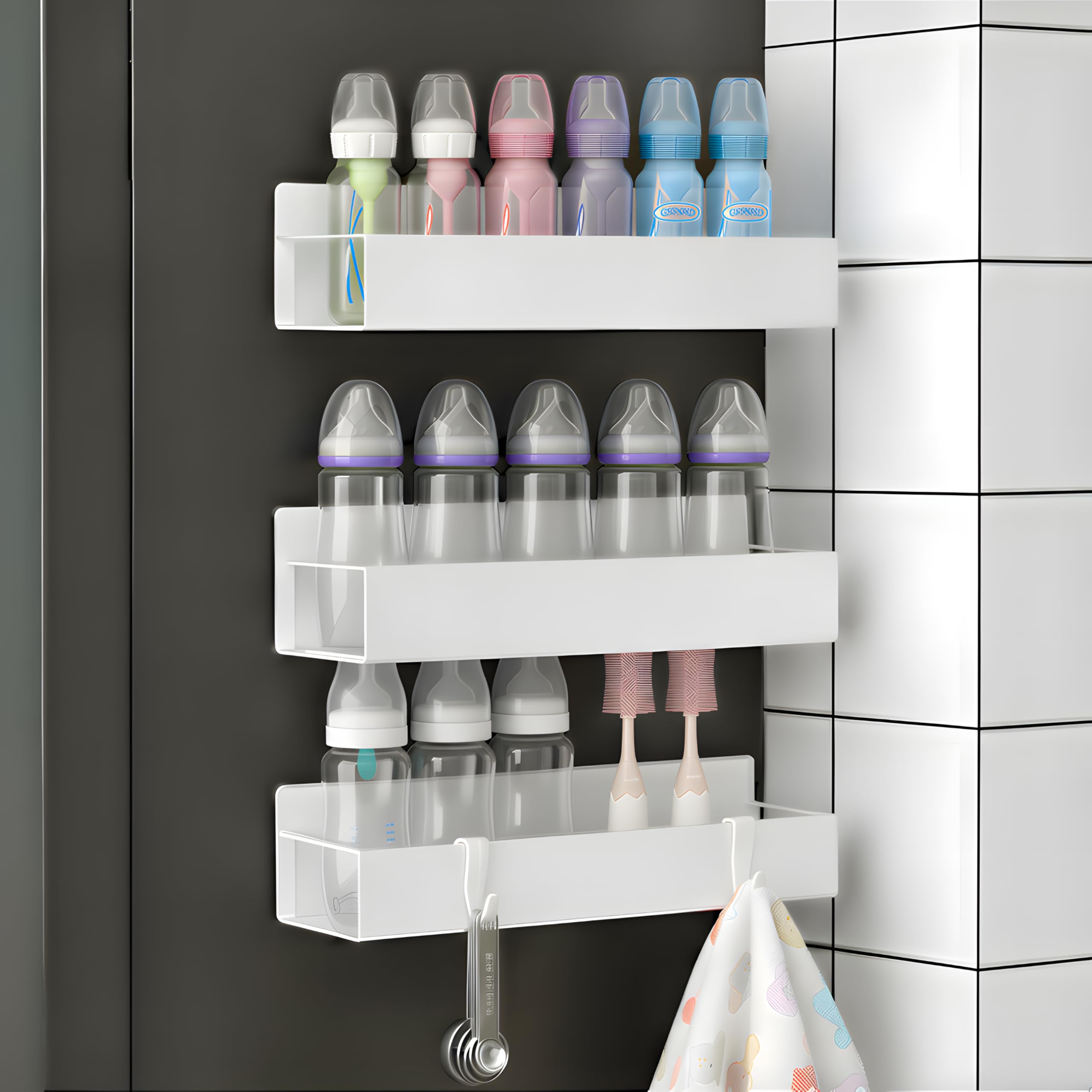 Photo 1 of MGY 3Pack Magnetic Baby Bottle Organizer for Refrigerator,Space-Saving Storage for Baby Bottles, Metal Shelf with 4 Hooks,Station Organizer for Bottles