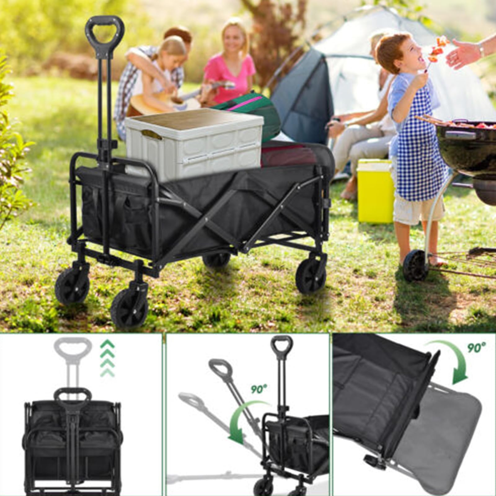 Carrello pieghevole da 200 l, grande capacità di carico, carrello da | Con freni e maniglia regolabile, robusto carrello a mano per campeggio, giardino, shopping, ruote fuoristrada, antistrappo