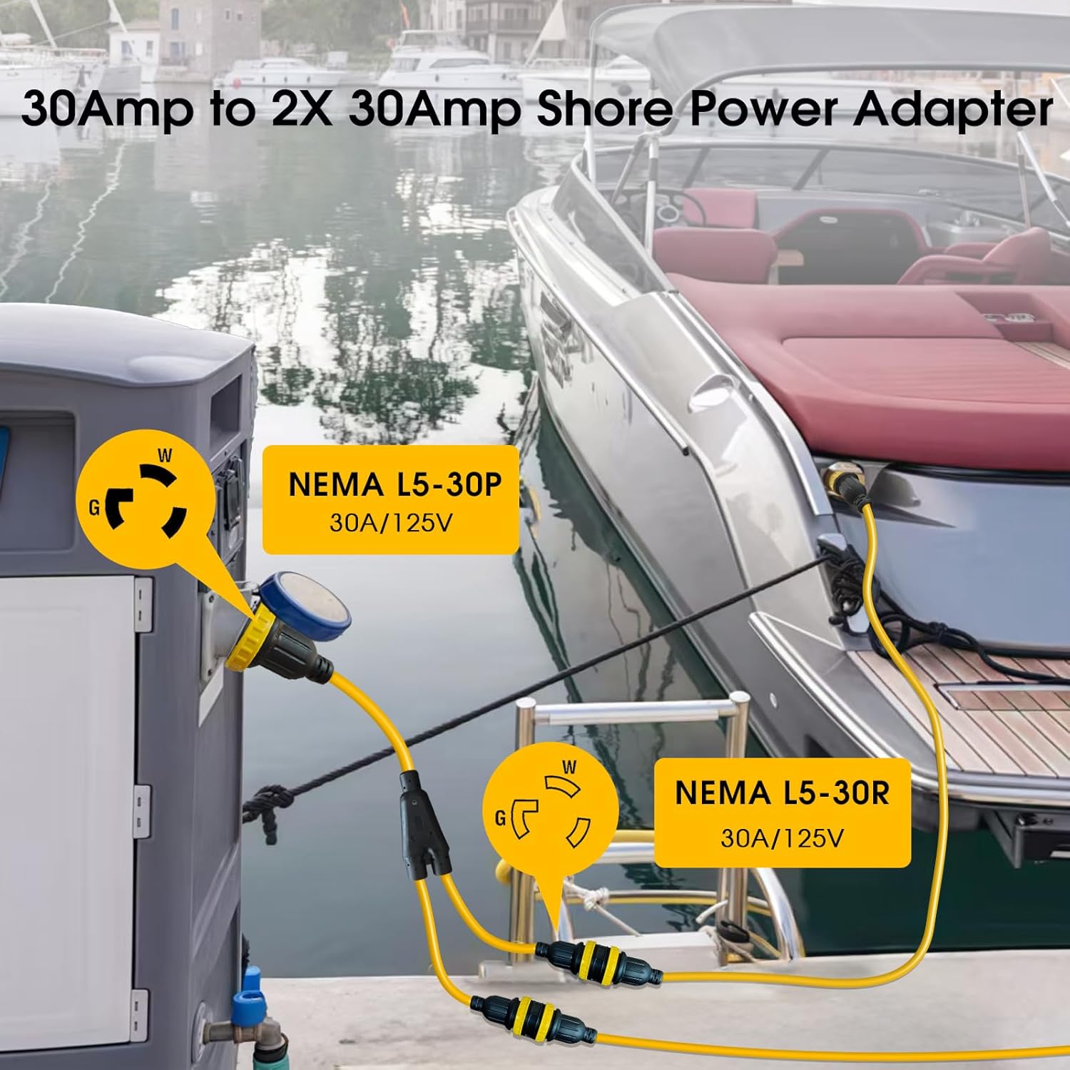 NEMA L5-30P to 2X L5-30R 30 Amp Shore Power Y Splitter Cord, 30A Male Plug x (2) 30A Female Marine Power Outlet with Locking Rings for Marine Boats, Yachts, RVs, ETL Listed 3FT