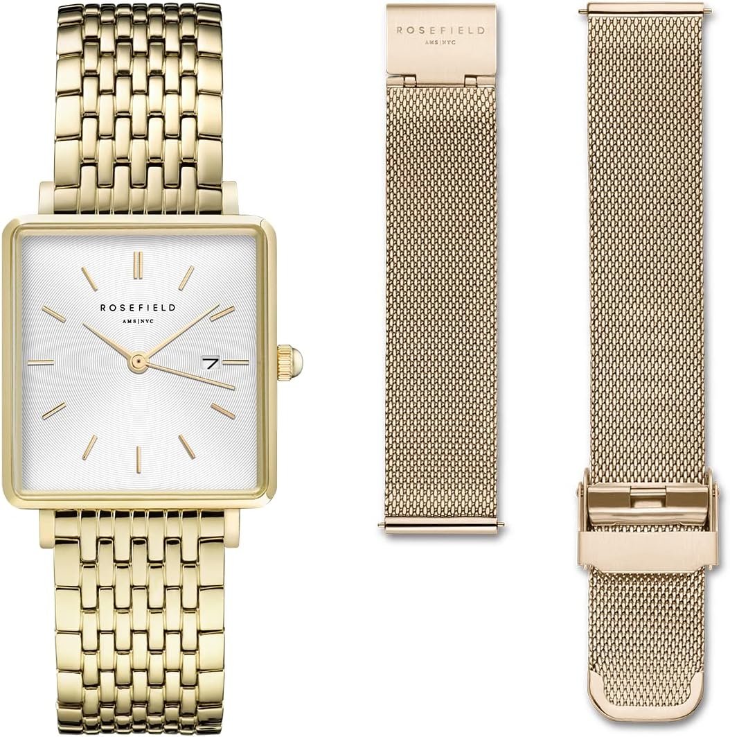 Rosefield Women's Watch The Boxy: Gold Gift Set with White Dial and 2 Straps - QWGTG-X223