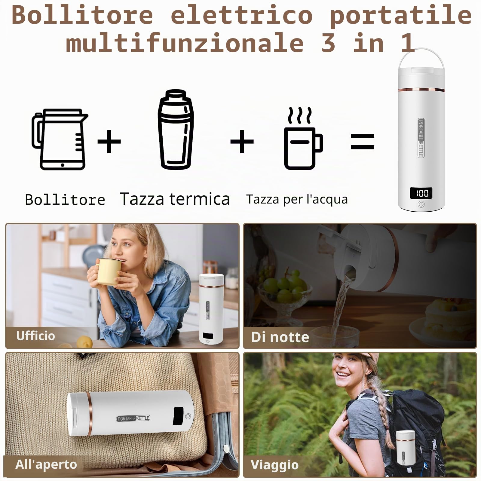 Bollitore da viaggio in acciaio inox 316, 450 ml, 6 impostazioni di temperatura, 240 V/300 W, catena elettrica con spegnimento automatico per tè, caffè