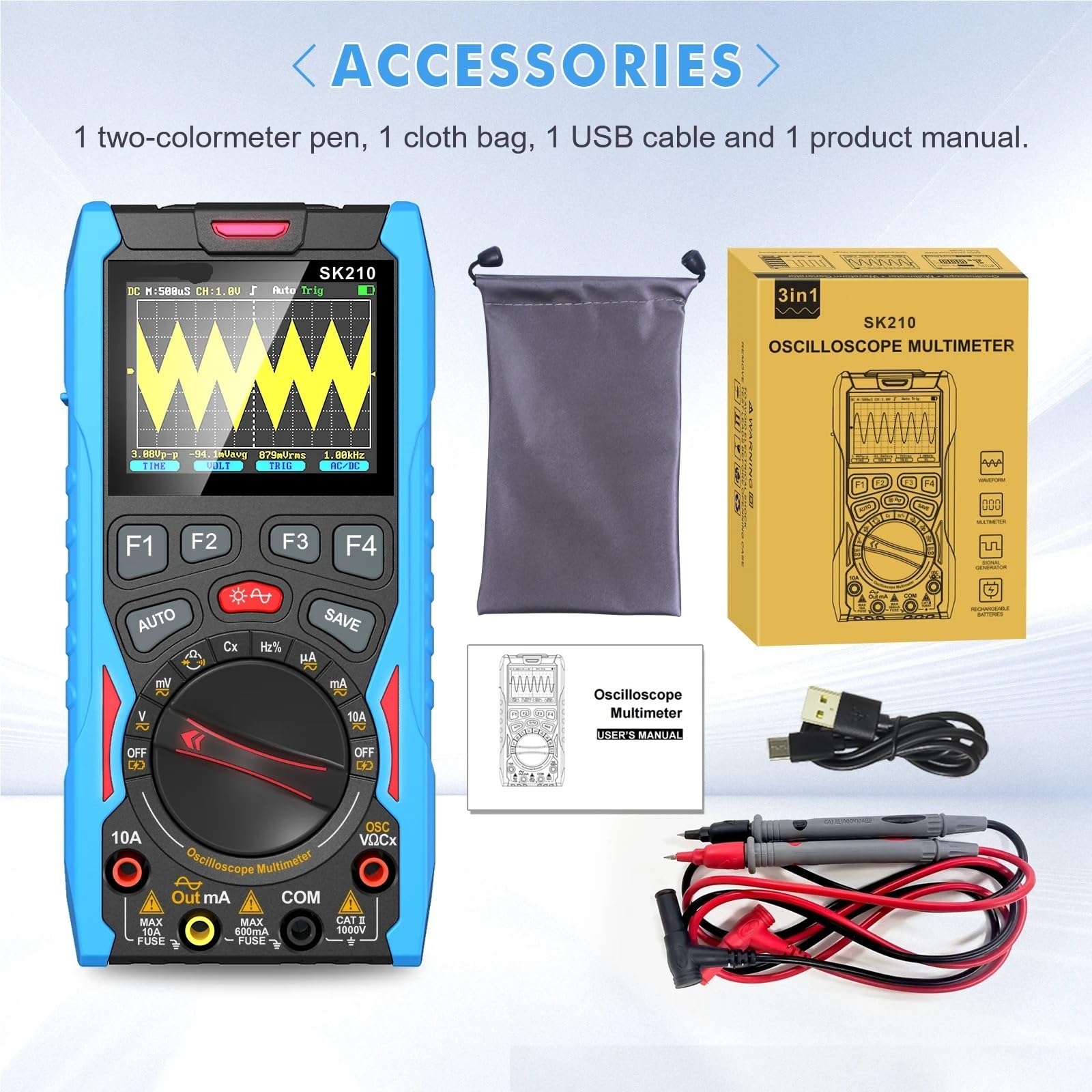 Oszilloskop-Multimeter SK210 Handheld 3-in-1 Digitaloszilloskop Hochleistungs-tragbarer Multimeter-Signalgenerator Autoreparaturtester,zur Messung