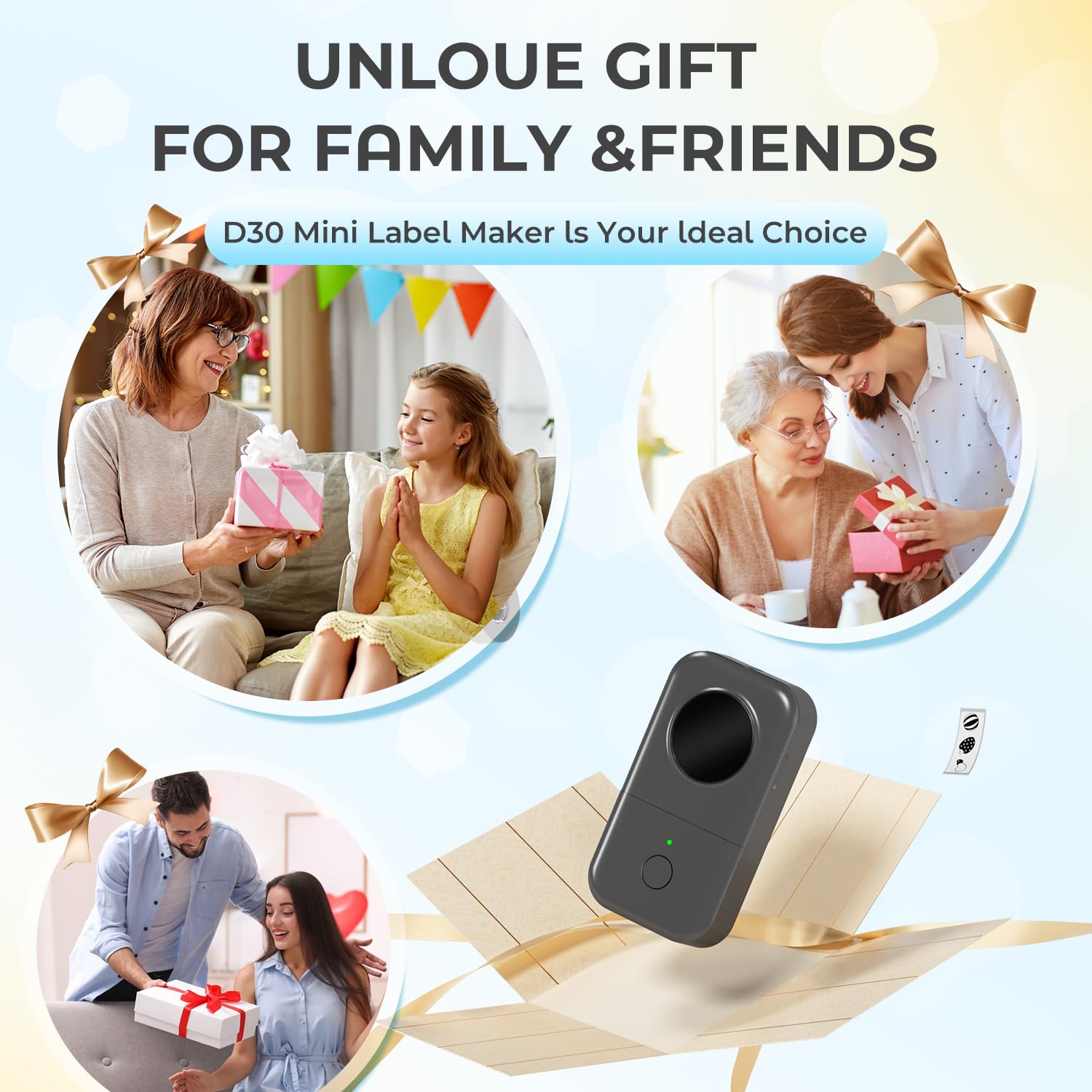 Phomemo D30 Etikettendrucker - Mini Etikettiergerät Beschriftungsgerät Selbstklebend Bluetooth Label Printer mit 5 Rollen etikettenpapier Geschenkbox,Label Drucker Geeignet für Haushalt und Büro-Grau