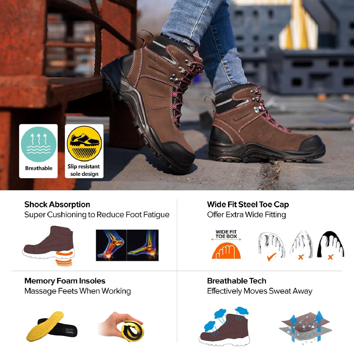 Women's Steel Toe Boots Waterproof Cow Leather Work Fire Safety Boots - Image 4