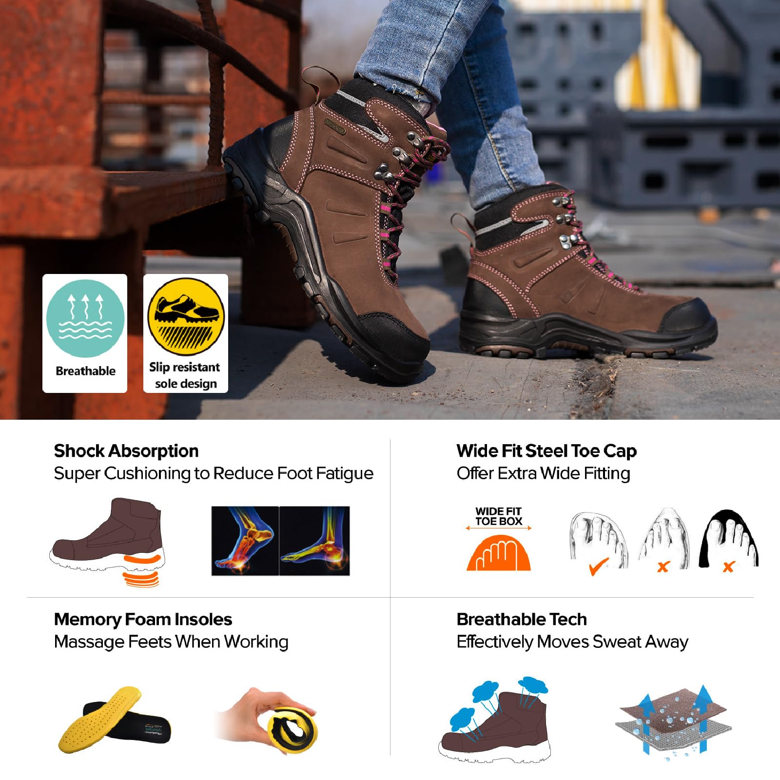 SAFETOE Frauen Arbeitsstiefel 8553 Wasserdichte Leder Composite Toe Gummisohle