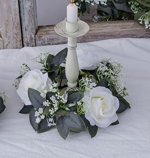 2 Pack Artificial Rose Candle Rings, Christmas Floral Wreaths with Eucalyptus Leaves Greenery Garland for Pillar Candle Lantern Wedding Centerpiece Party Home Fall Table Decor (White)