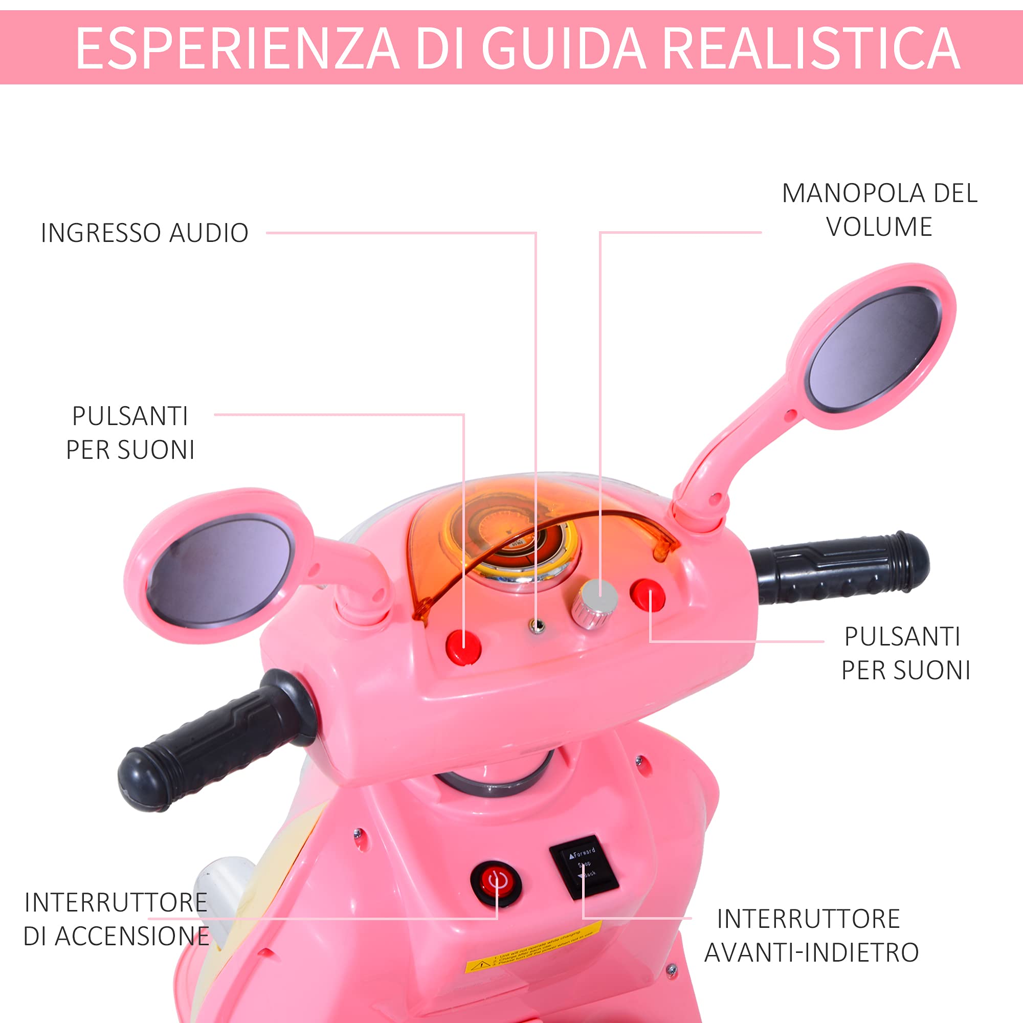 HOMCOM Moto Elettrica per Bambini Batteria 6V 3-5 Anni 108x51x75 cm Rosa | Velocità 3km/h, Motorino Elettrica per Bambini, Luci e Musica