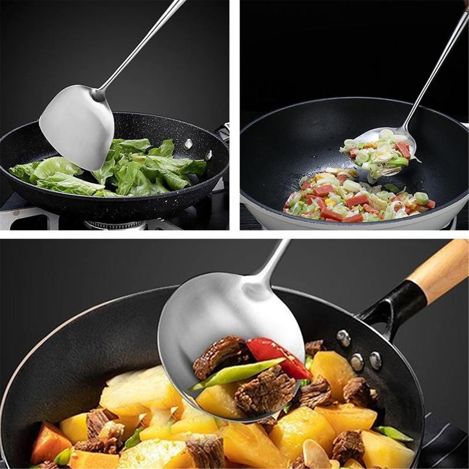 Wok Spatula and Ladle, Skimmer Ladle Tool Set, 17 Inches Long Handle 304 Stainless Steel Cooking Utensils for Decocting, Frying, Serving and Scooping