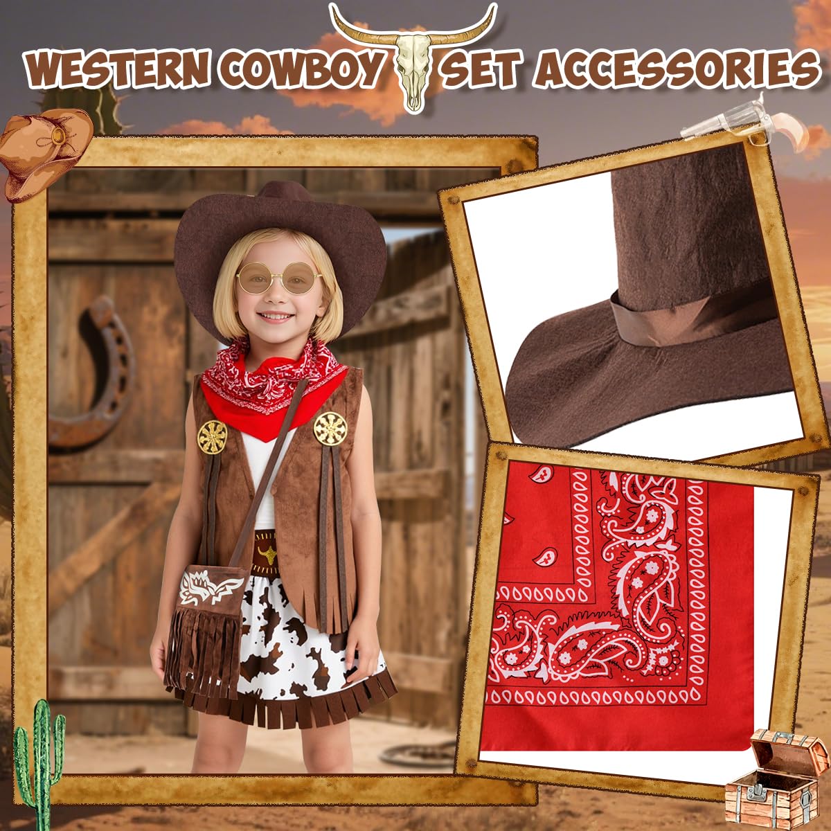 Cowgirl Costume Bambina, Western Vestito Cowgirl Bambina con Gilet, Cappello, Bandana Rossa, Costume da Cowgirl per Halloween Carnevale Cosplay Festa