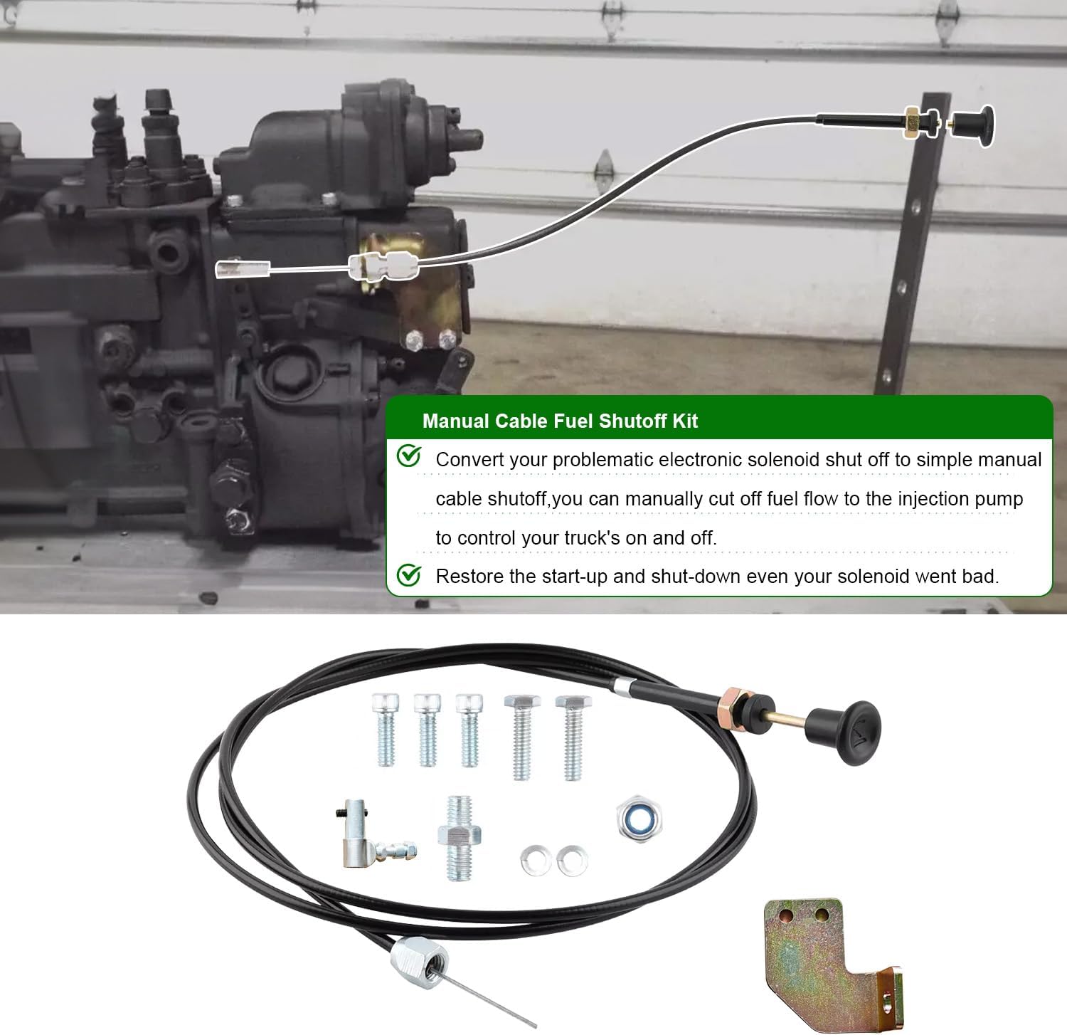 P7100 P-pump manual cable fuel shut off solenoid kit Compatible with 1994-1998 Cummins Dodge 12v 6bt 4bt Used to Convert Solenoid to Manual Cable Shutoff
