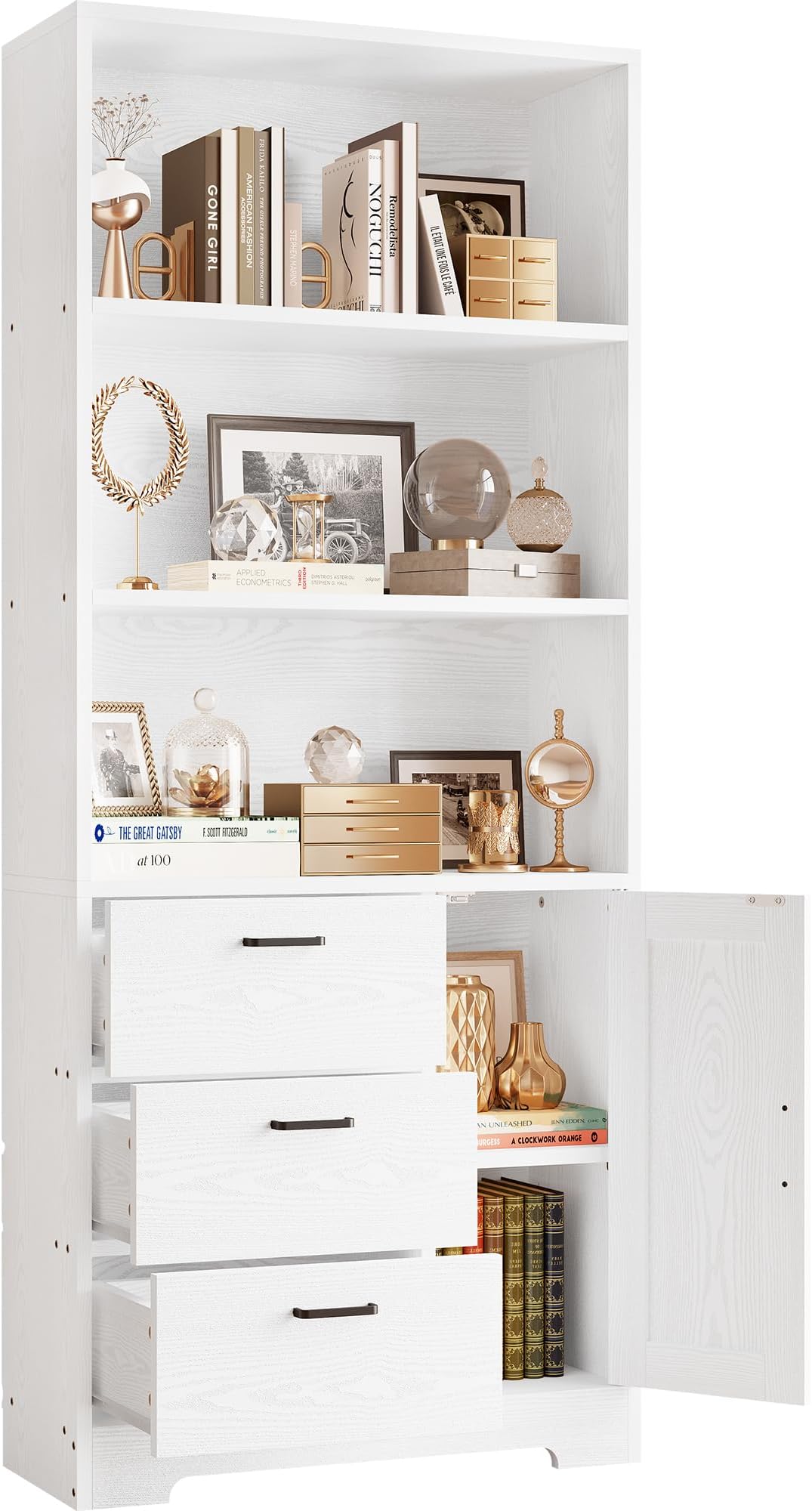 Bookshelf with Drawers, 71 in Tall Bookcase with Doors and 3-Tier Shelves, for Bedroom Living Room Entrance Hallway Home Office