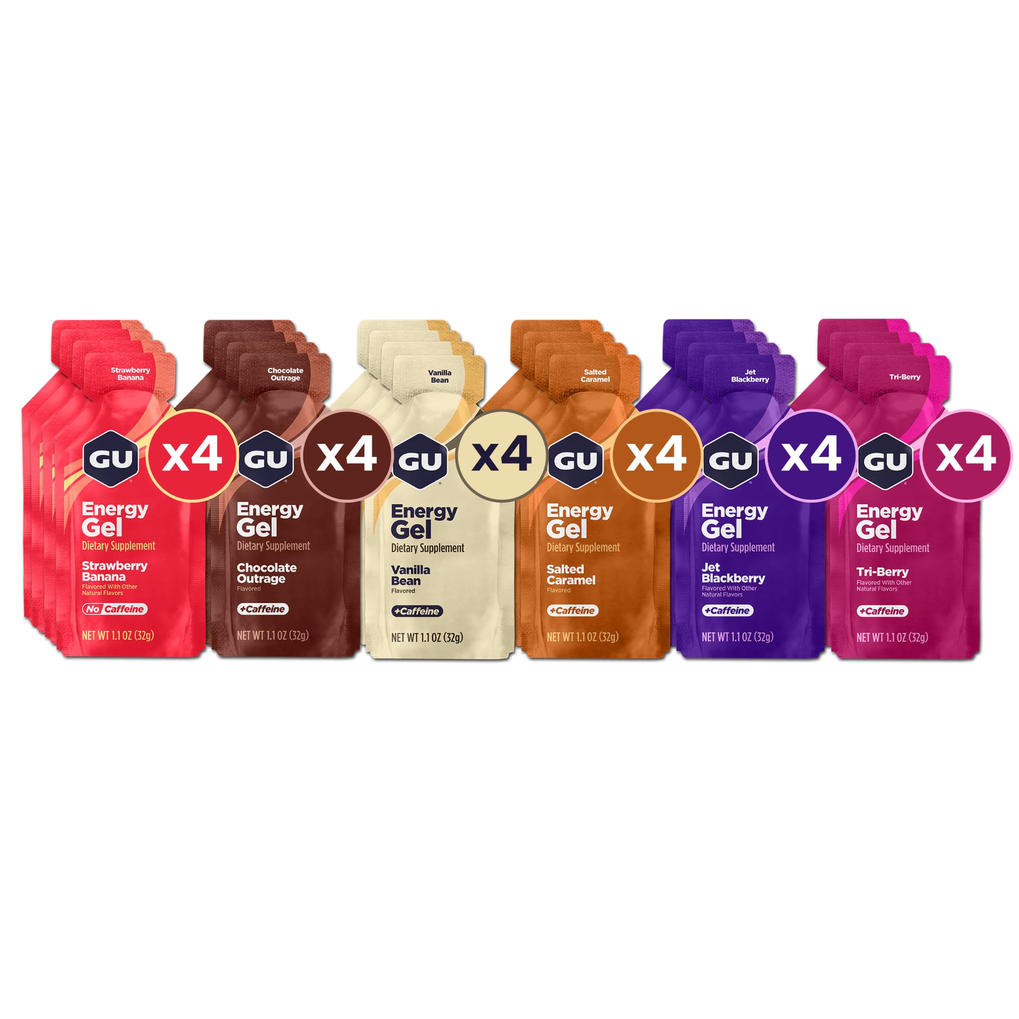GUOriginal Energy Gels, Bestsellers Mixed 24 Pack - 100 Calorie Energy Gel with Carbohydrates, Caffeine, BCAAs and Electrolytes - Pre-Workout Fuel for Running, Cycling, Triathlon and Endurance Sports