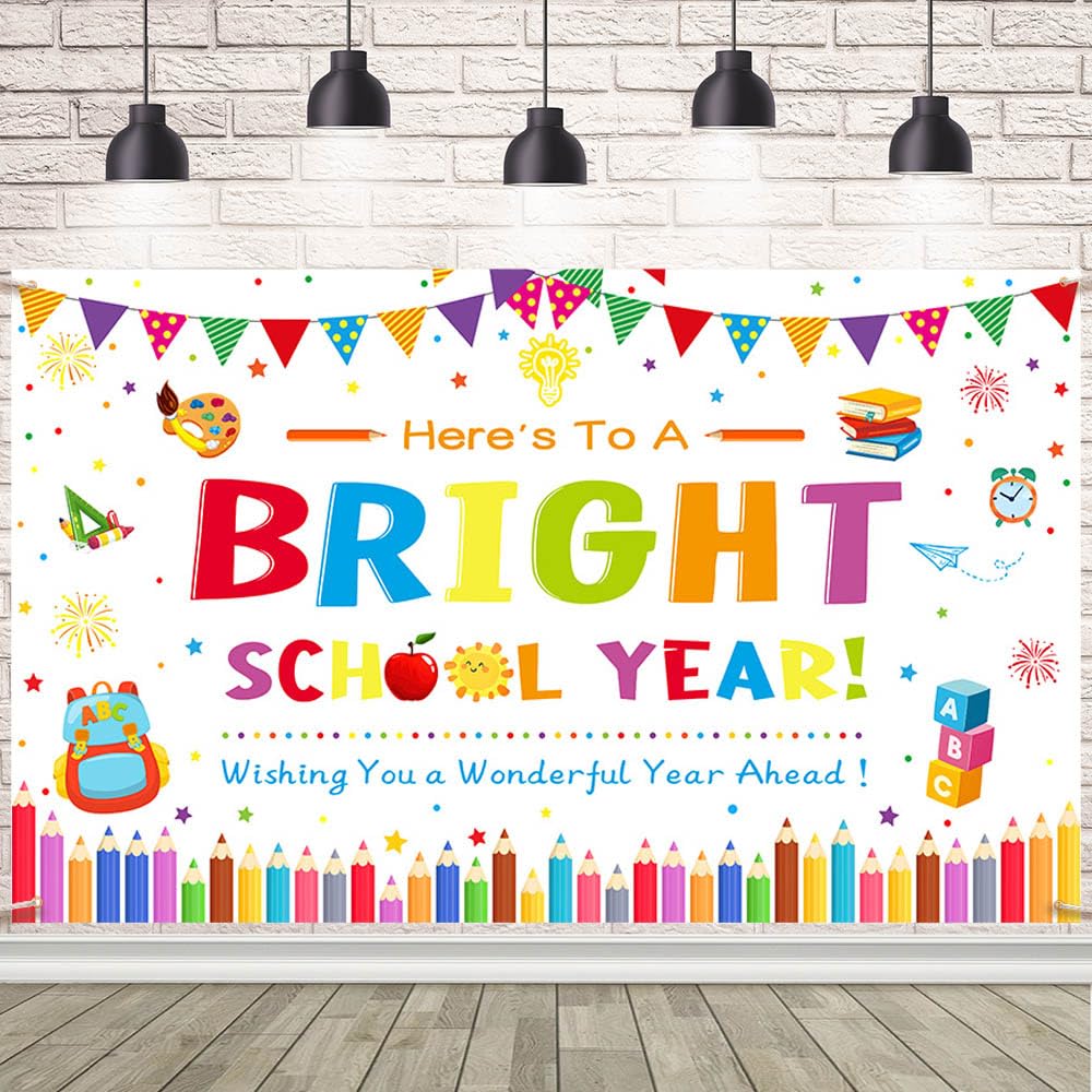 AIBIIN Here's to A Bright School Year Backdrop Back to School Photography Background First Day of School Banner Kids Classroom Back to School Party