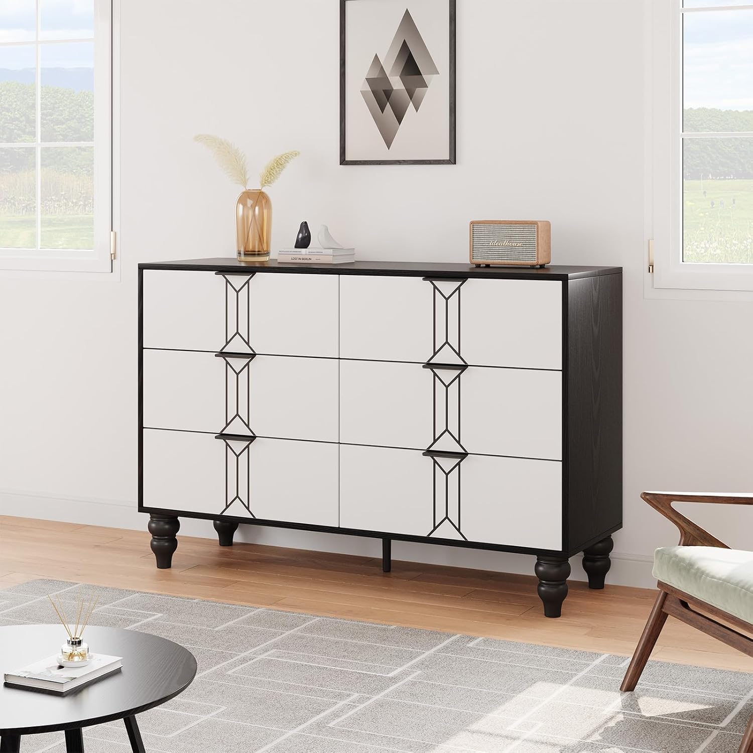 IDEALHOUSE Modern Wooden 6 Drawer Dresser with Vintage Pattern Design, Chest Dresser with Deep Drawers for Bedroom, Living Room and Entryway, Black and White
