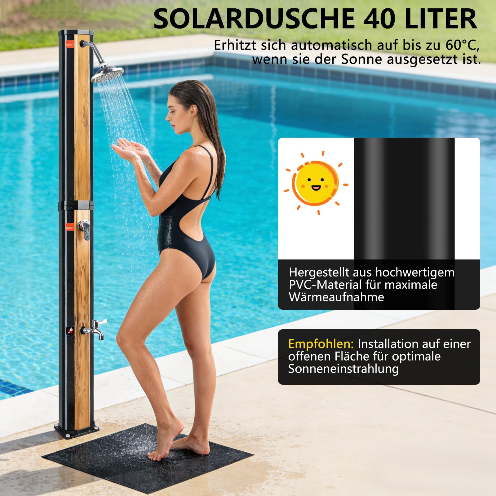 COOLWEST Prysznic solarny 40 litrów z dnem z tworzywa sztucznego, prysznic ogrodowy z obrotową głowicą prysznicową o 360° i prysznicem dla stóp, regulowana temperatura, prysznic basenowy, solarny do