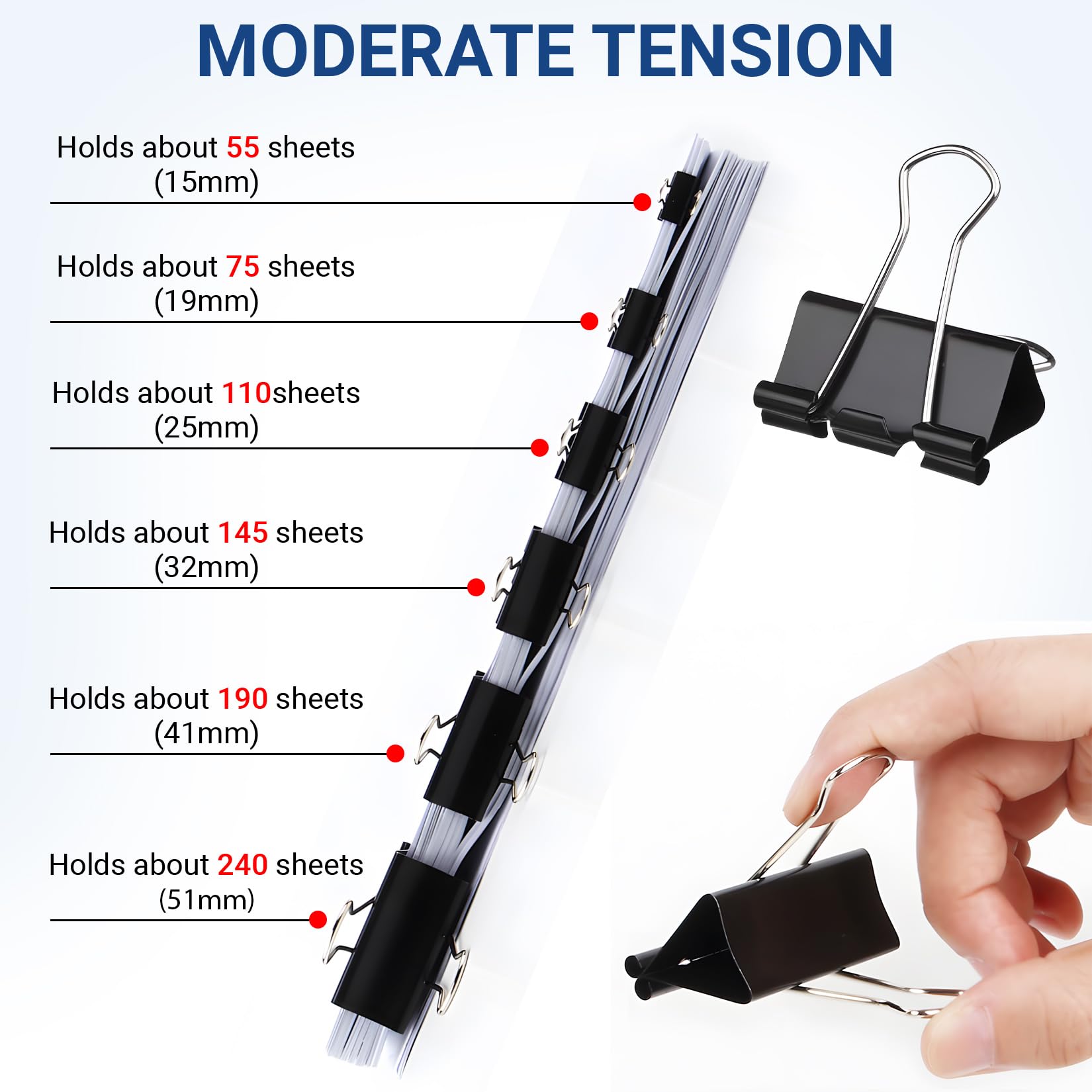 208 clip per raccoglitori di dimensioni assortite, 1,5 - 5,1 cm, morsetti per carta in metallo nero, mini/piccoli/medi/grandi, 6 misure in 6 scatole, clip per ufficio per casa/scuola
