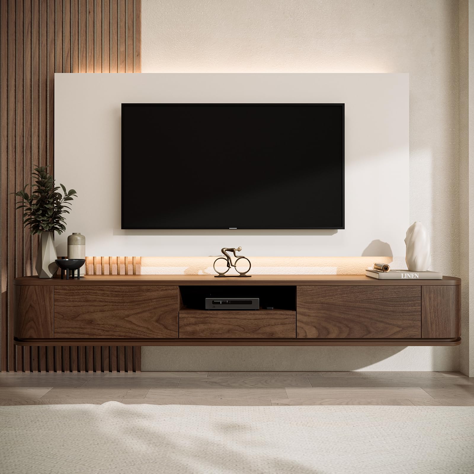 IKIFLY Moderner Schwebender TV-Schrank, Wandmontiertes Unterhaltungsmöbel Mit Schubladen und Zwei Schränken, Walnuss,180cm