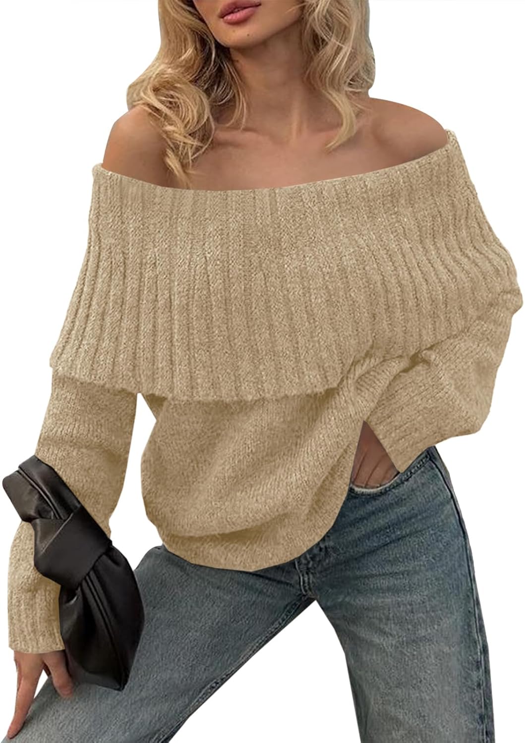 Saodimallsu Womens Off The Shoulder Sweaters Oversized Long Sleeve Loose Ribbed Knit Fall Trendy Pullover Tops - Image 2