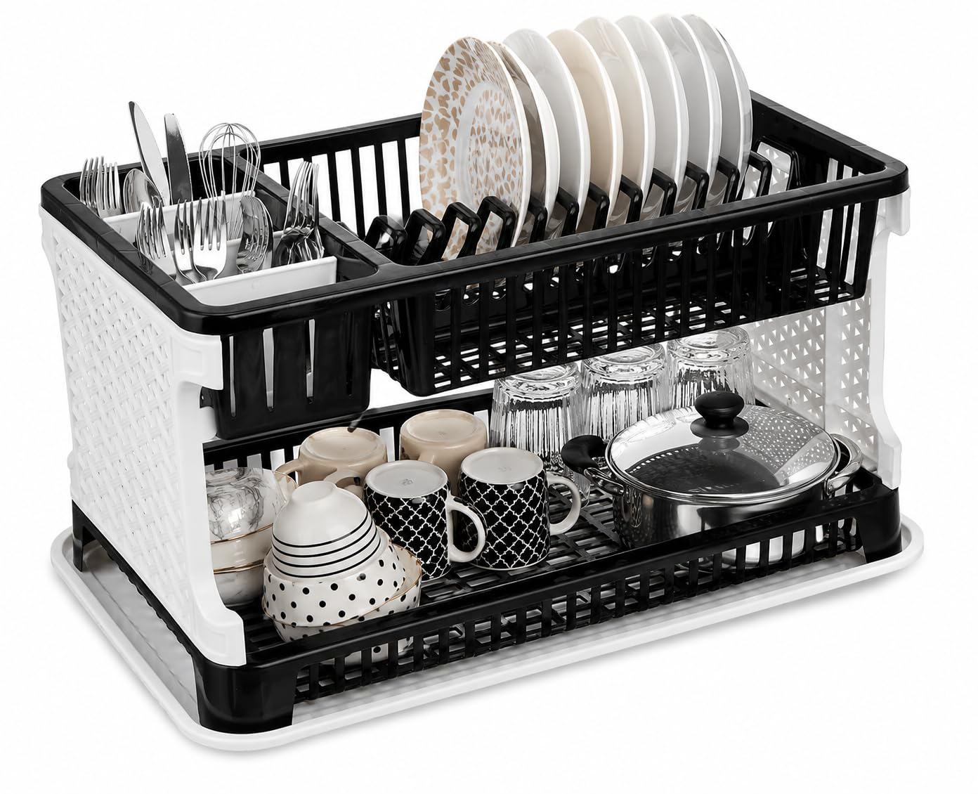 JD FRESH 2 Tier Dish Drying Rack for Kitchen/Plastic Foldable Cutlery Holder for Countertop Rack/Compact Size Utensil Drainer Organizer with Water Tray/Space Saving Plate Stand (Black)