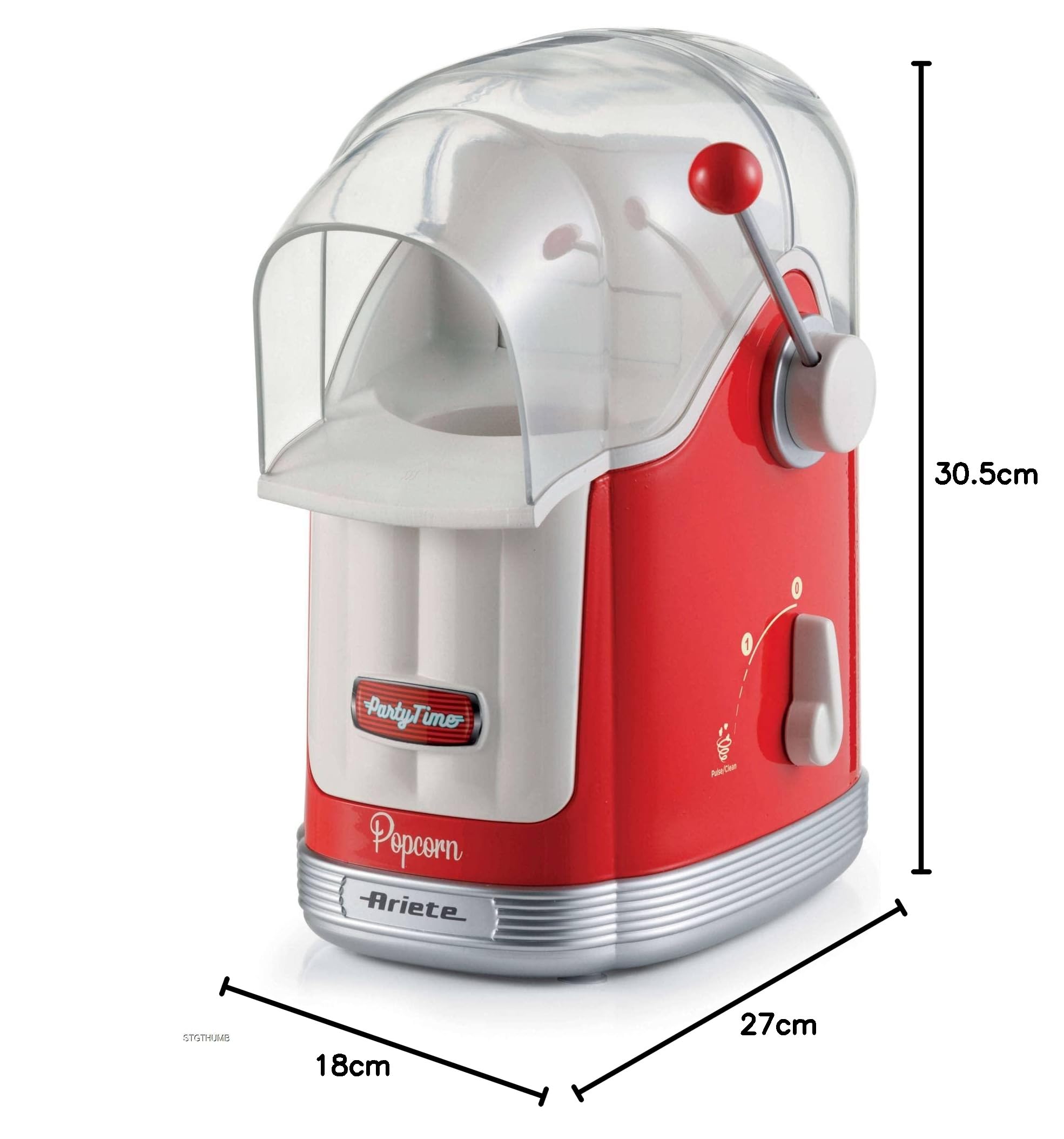 Ariete 2958 Pop Corn Maker Party Time, Macchina per pop corn con leva, 1100 Watt, Capacità 600 g, Cottura ad aria calda senza grassi, Rosso