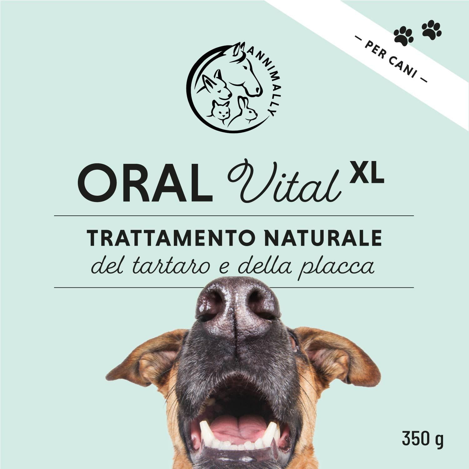 Polvere denti cane - Rimedio contro il tartaro per cani - Pulizia denti cane naturale particolarmente efficace per denti gialli, alito cane cattivo e placca (350 g XL).