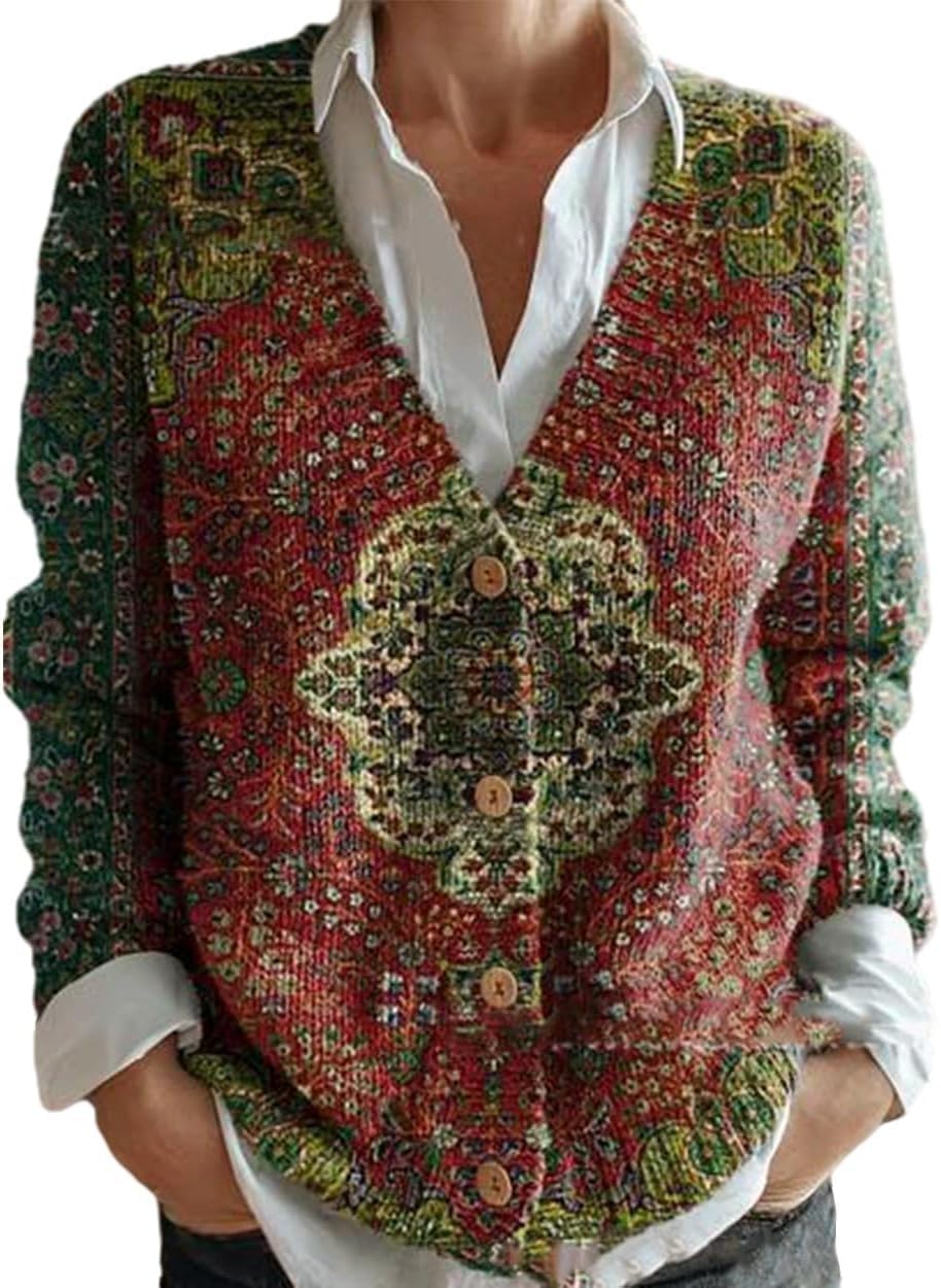 Women's Lightweight Boho Floral Graphic Knit Cardigan Cute Spring Casual Loose Vintage Long Sleeve Button Down Coat