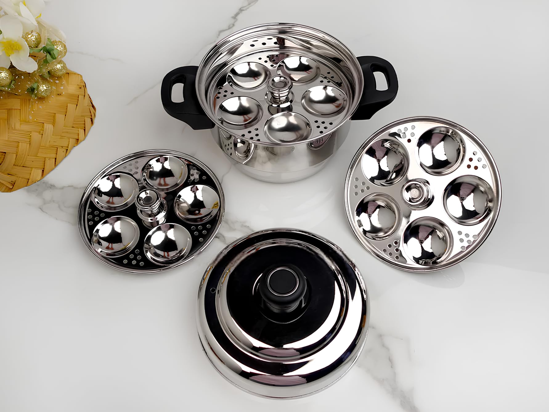 GALOOF Stainless Steel Mini Idli Maker 1.5L | 3 Plates With 15 Idli Cavities | Compact Idli Cooker | Mirror Finish Surface | Small Size 1.5 Litre Capacity (15 Mini Idli (Baby))
