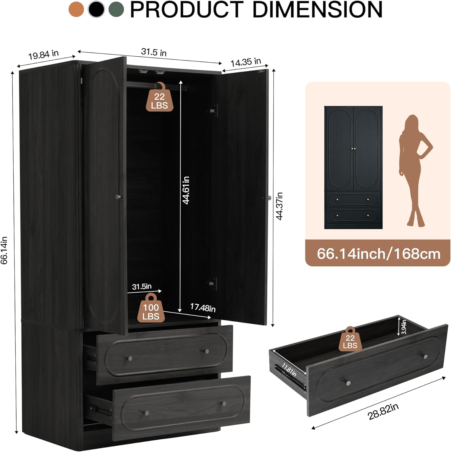 Fluted Freestanding Armoire Wardrobe Closet with 2 Doors and 2 Storage Drawers, Large Capacity Wardrobe Cabinet Set of 2, Wooden Closet for Bedroom, Living Room - Black