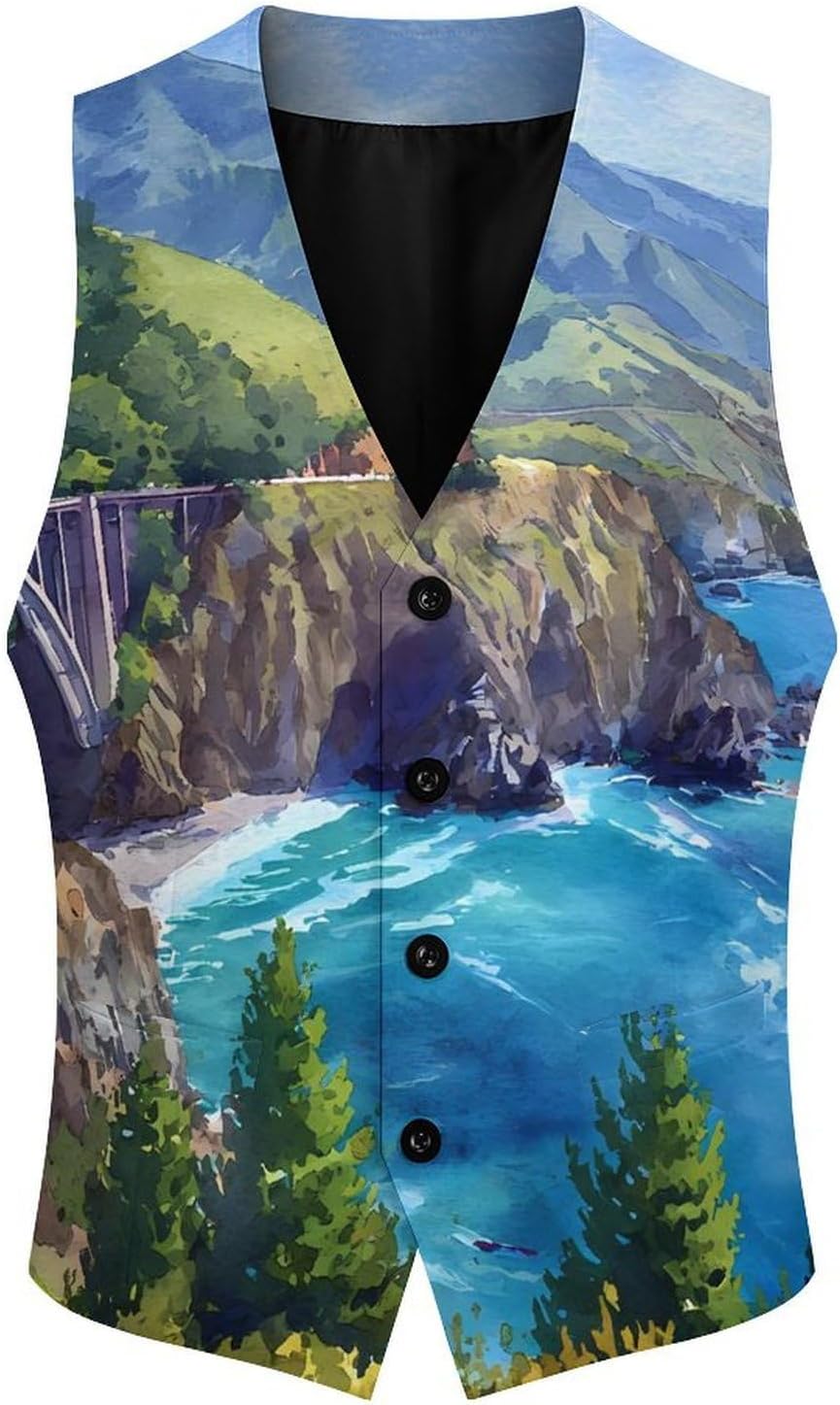 Big Sur California Men Formal Suit Vest V-Neck Button Waistcoat for Business Wedding