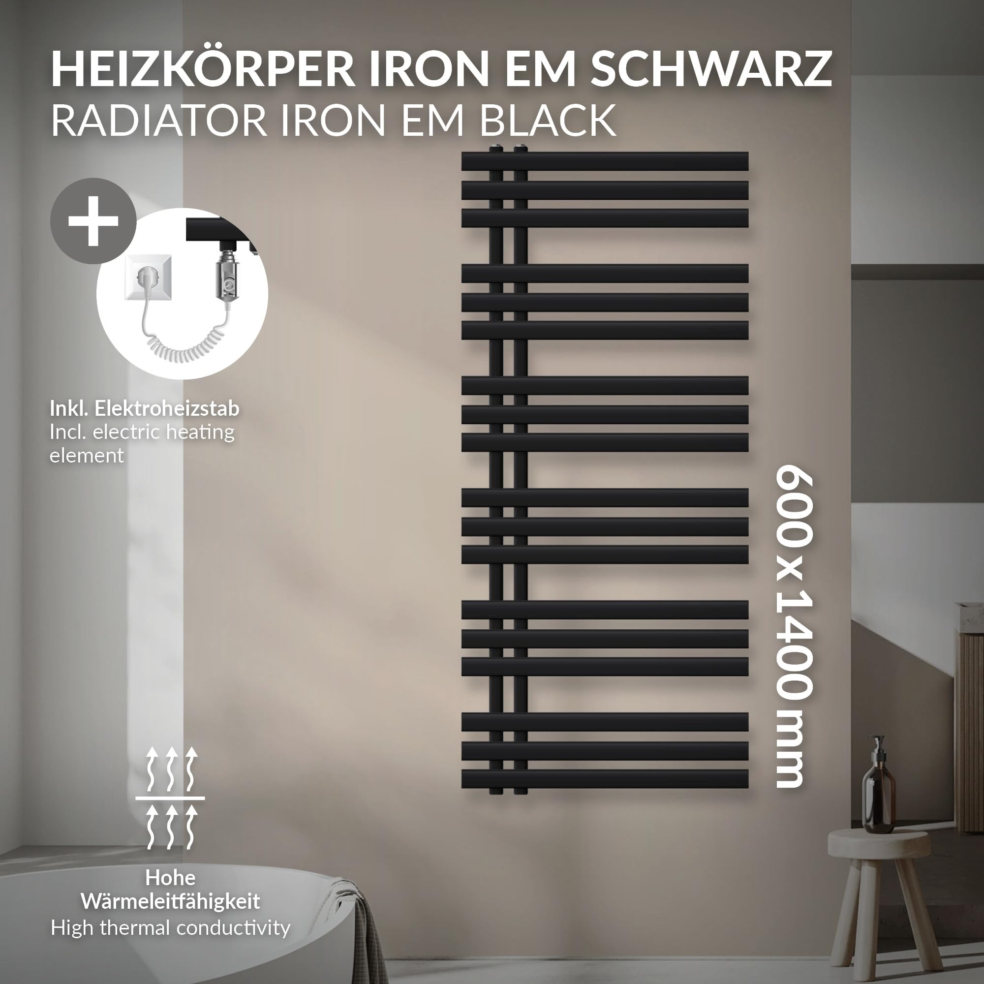 LuxeBath elektryczny grzejnik lazienkowy Iron EM 600 x 1400 mm czarny matowy z elementem grzejnym 1200W z termostatem pojedynczy, grzejnik recznikowy z wkladem grzejnym, elektryczny grzejnik