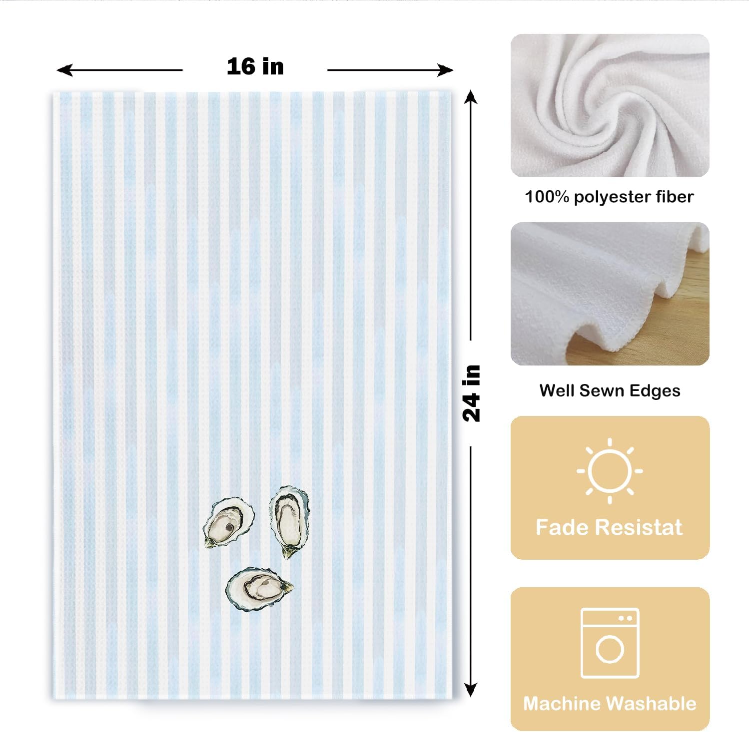 Blue Striped Coastal Oyster Martini Kitchen Towels, Beach Shell Cocktail Dish Tea Towels, Gifts for Martini Lovers Decorative Hand Towel for Kitchen Bar Cart, 16x24 Inch Set of 2 image 5